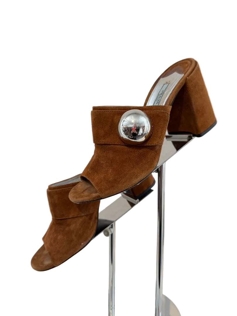 Prada Suede Peep-Toe Mule Heels with 3D Silver Ball Detail