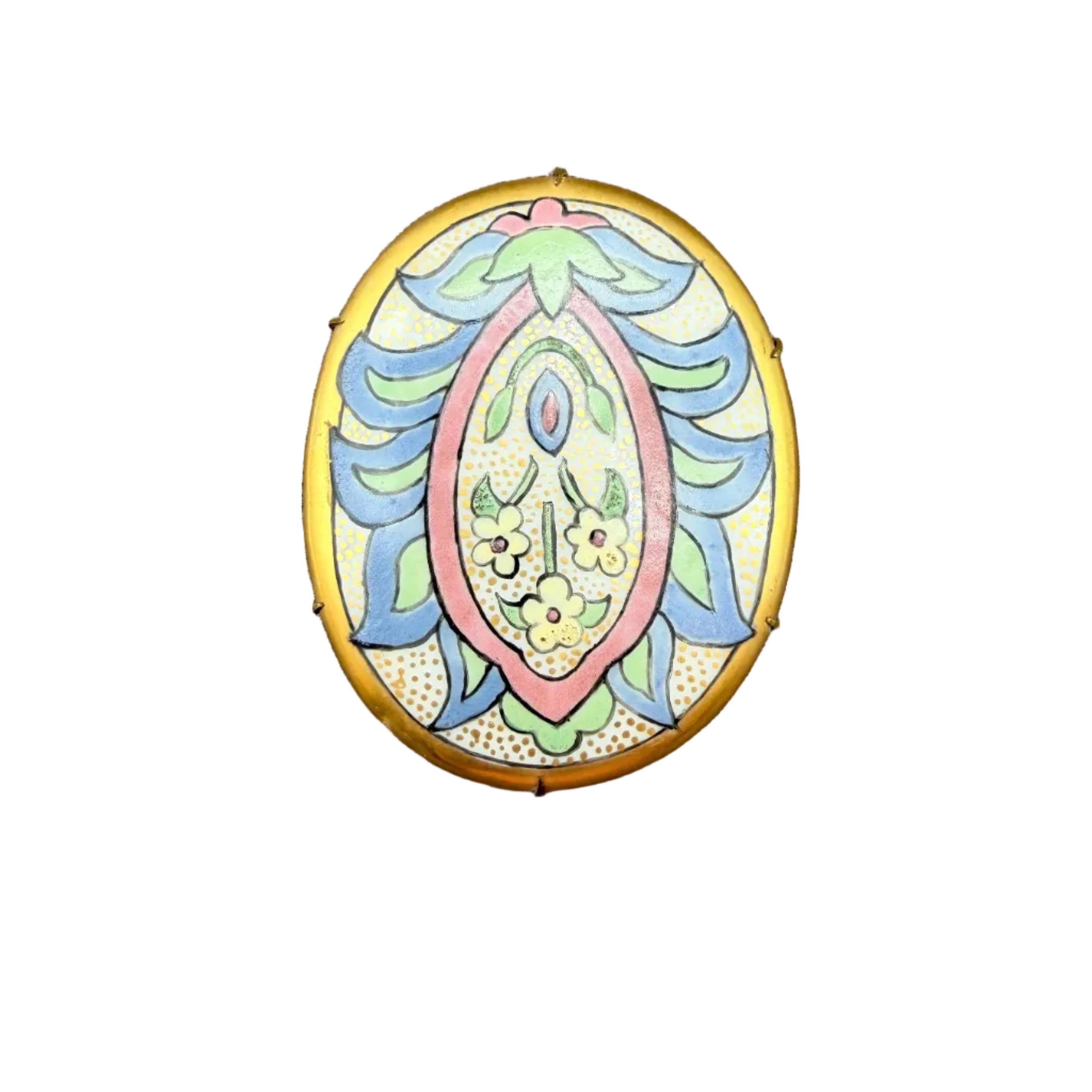 1920s Art Nouveau Hand-Painted Ceramic Floral Oval Medallion Brooch