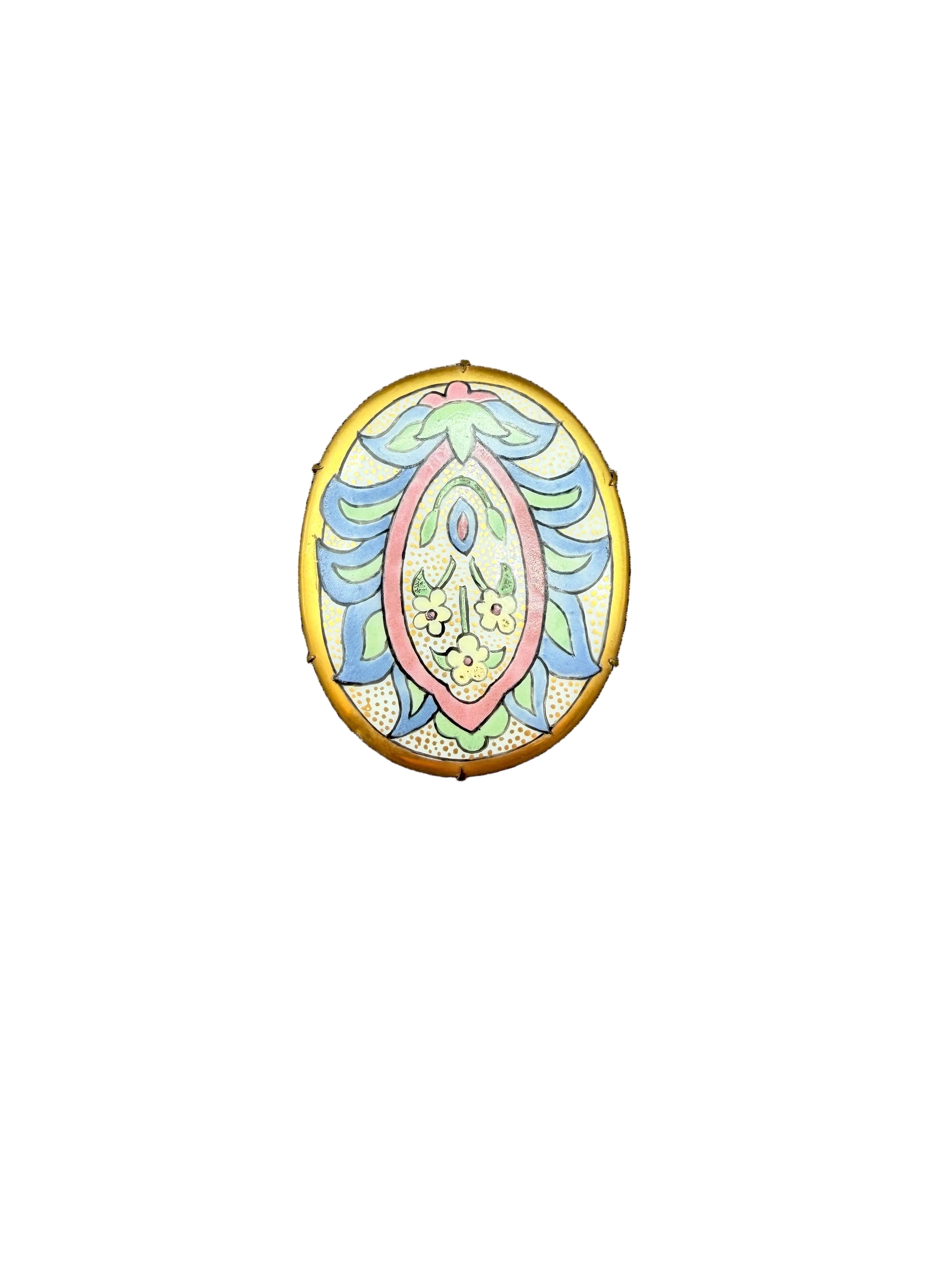 1920s Art Nouveau Hand-Painted Ceramic Floral Oval Medallion Brooch