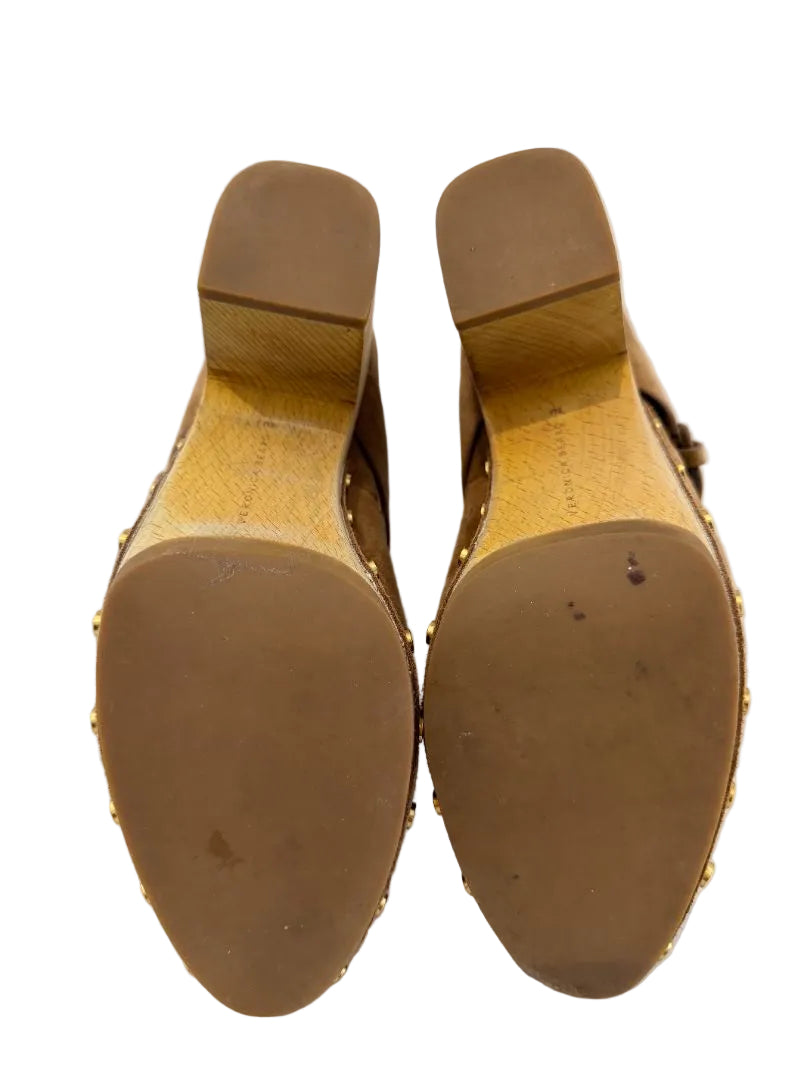 Veronica Beard “Dacey” Pecan Suede Clogs with Side Buckle