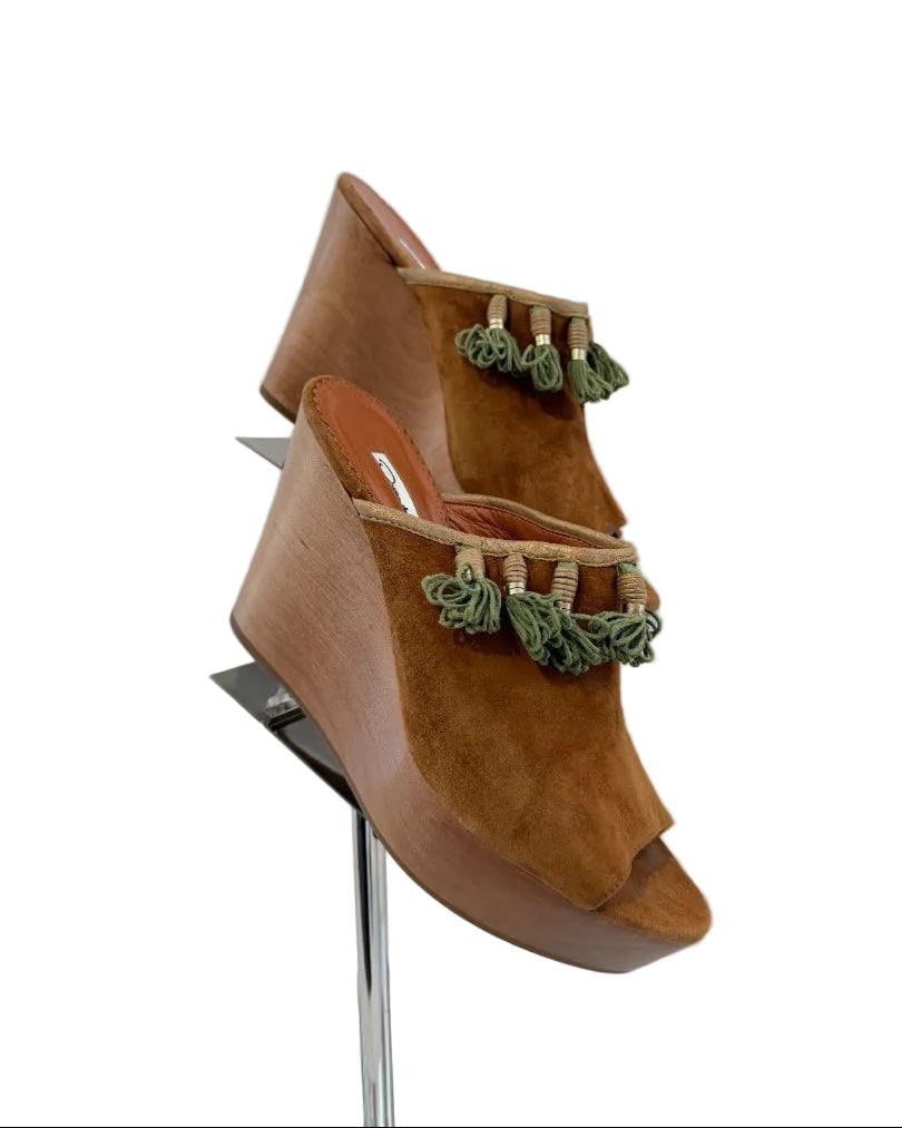 Oscar de la Renta Suede Peep-Toe Wedge Clogs with Green Tassels