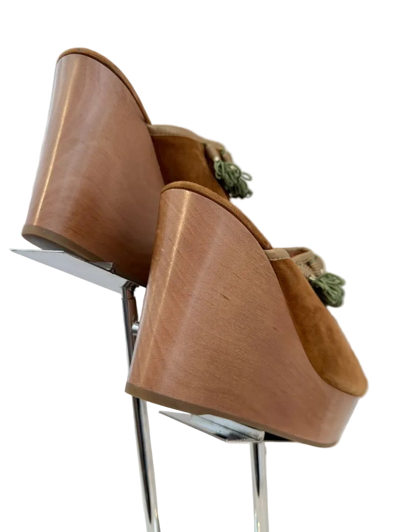Oscar de la Renta Suede Peep-Toe Wedge Clogs with Green Tassels