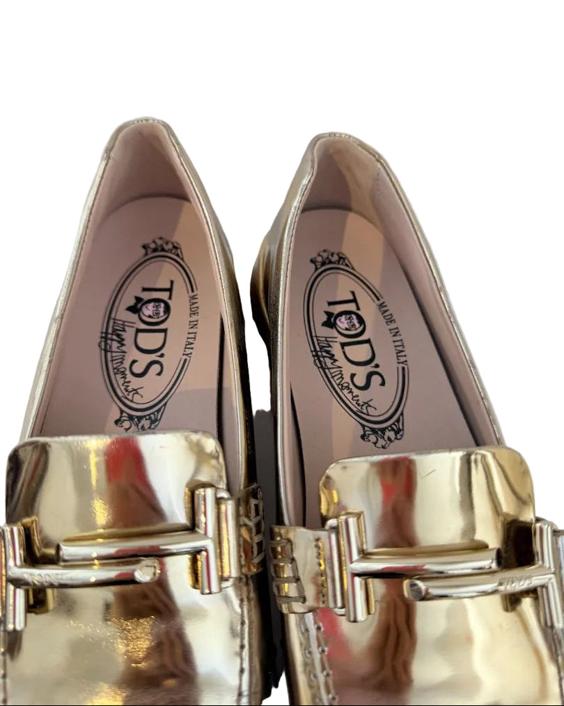 Tod’s Gold Metallic Loafers with Double T Buckle