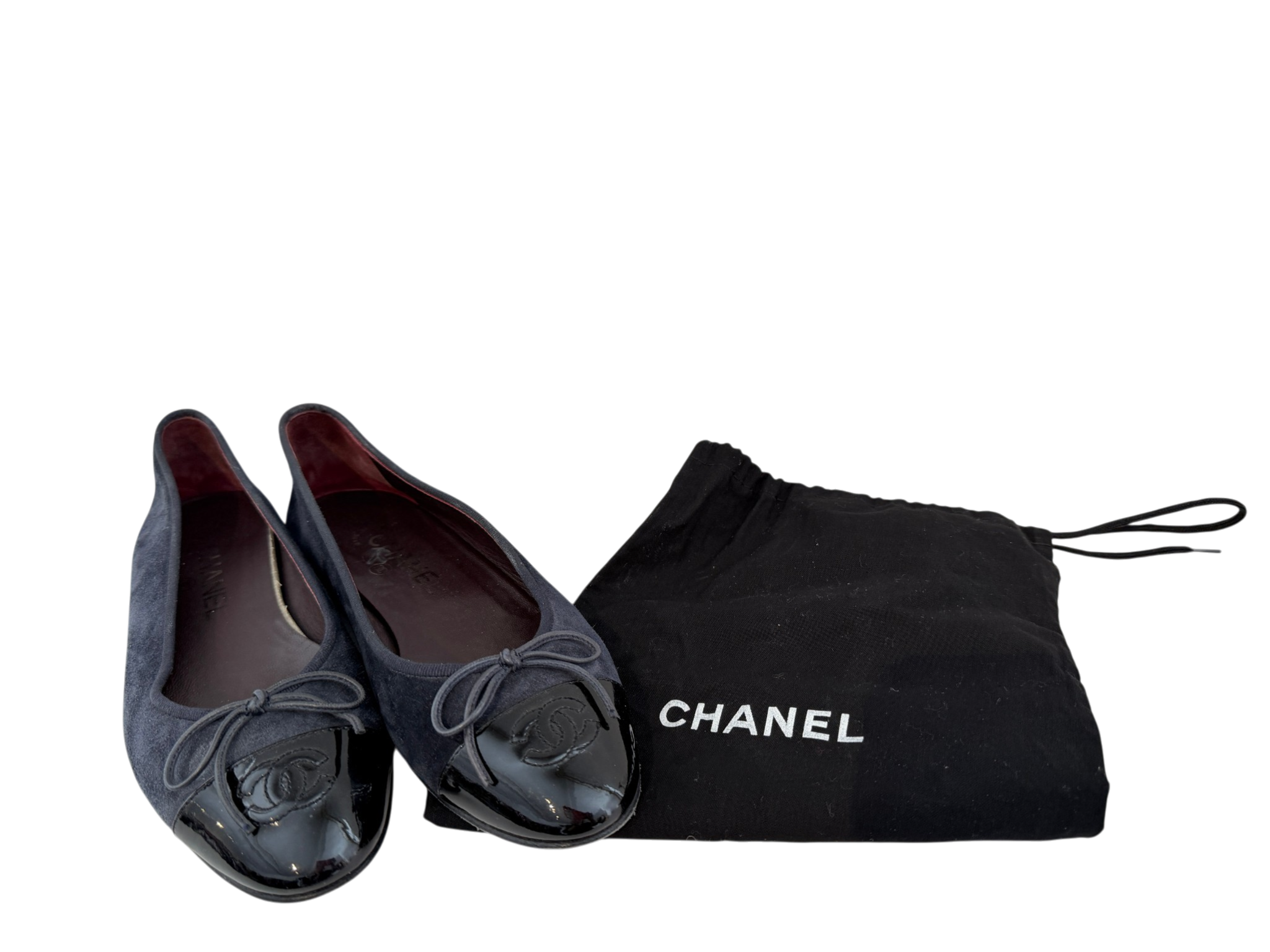 Chanel Marine Suede & Black Patent Leather CC Cap-Toe Ballet Flats