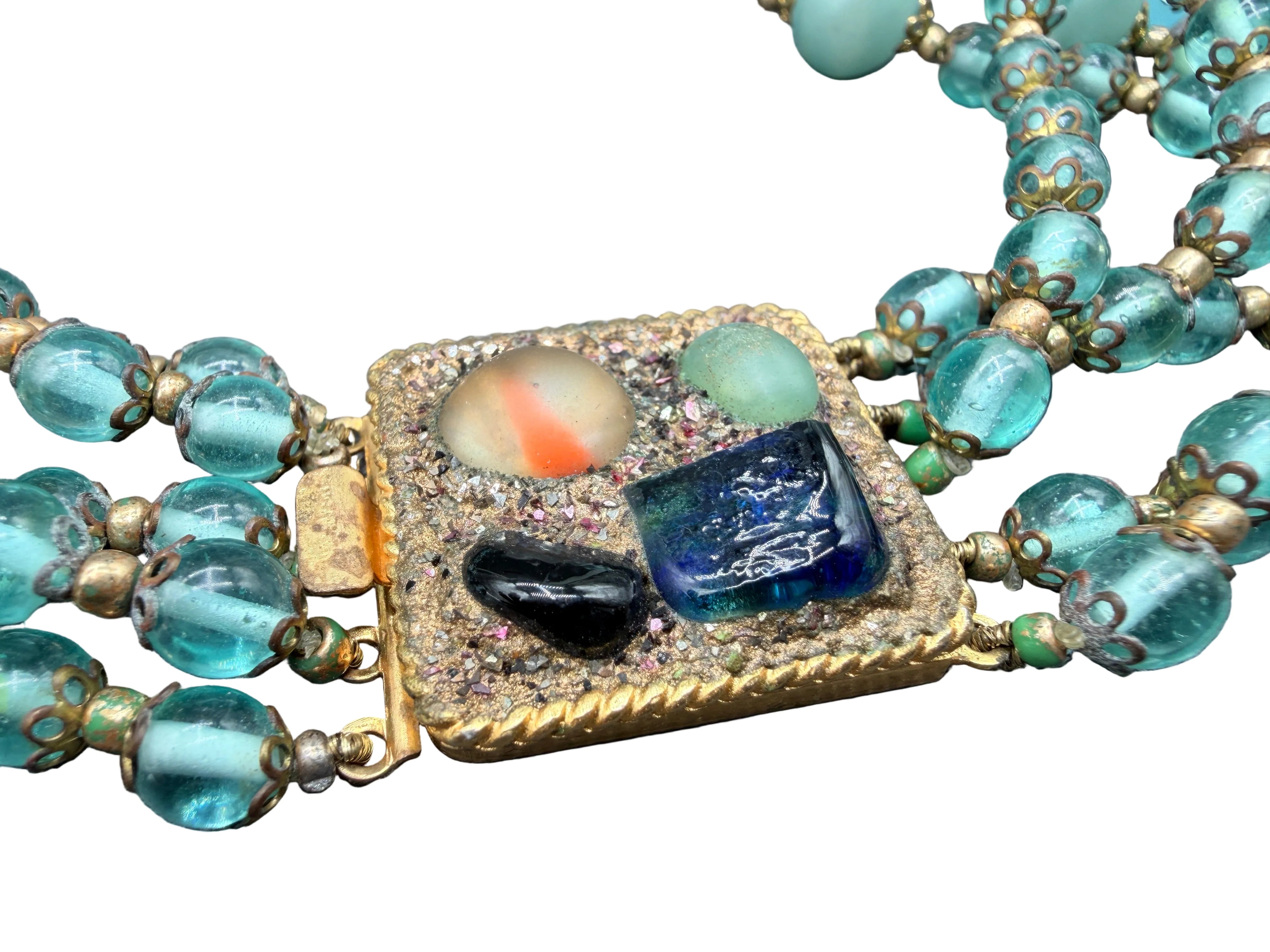 1950s Five-Strand Aqua Multi-Glass Beaded Necklace with Jeweled Box Clasp