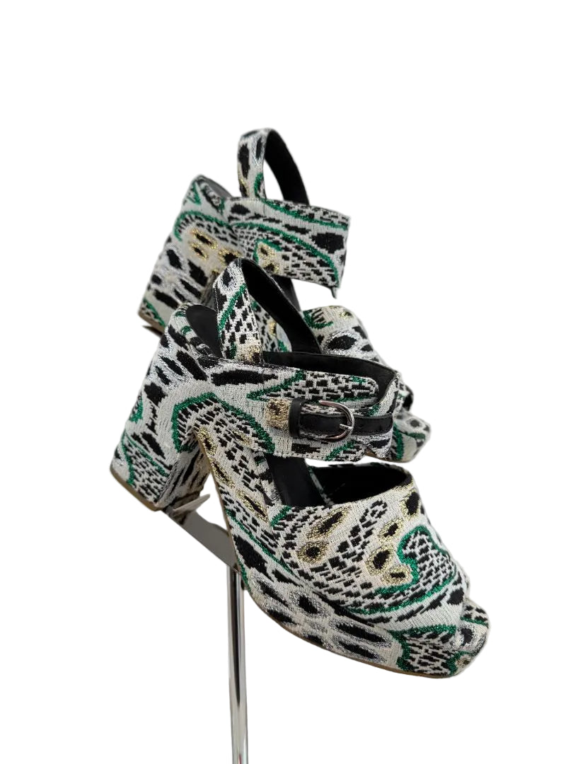 Rachel Comey Open-Toe Strappy Platform Heels in Cheetah Lamé