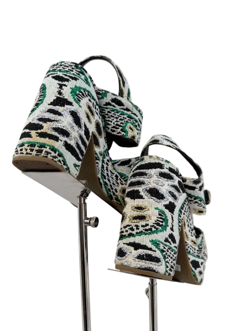 Rachel Comey Open-Toe Strappy Platform Heels in Cheetah Lamé