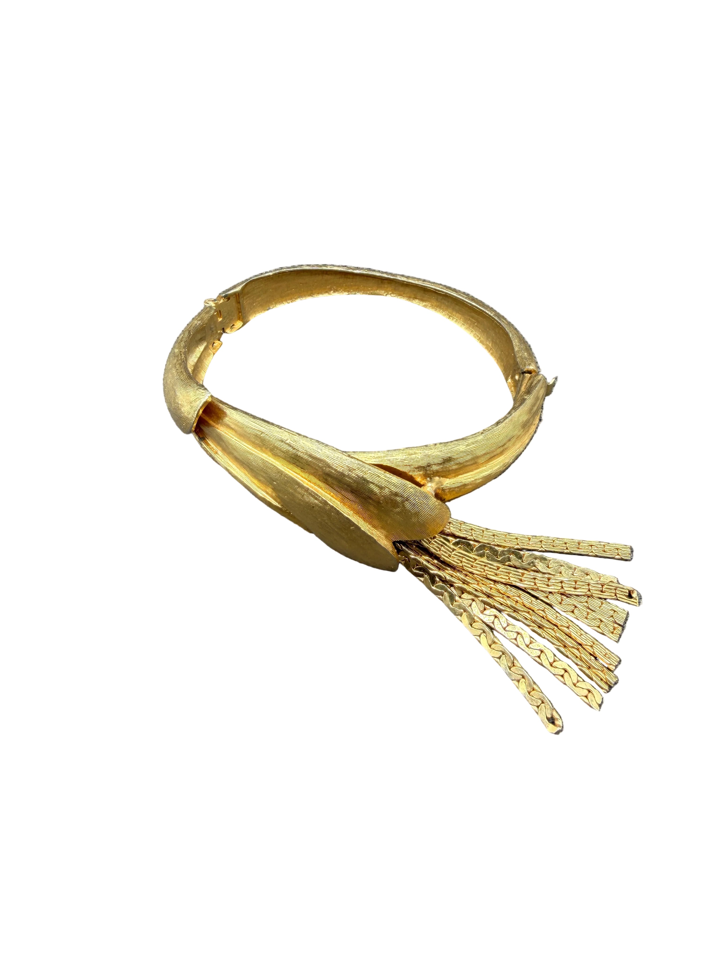 1950s Trifari Etched Hinged Leaf Bracelet with Chain Fringe