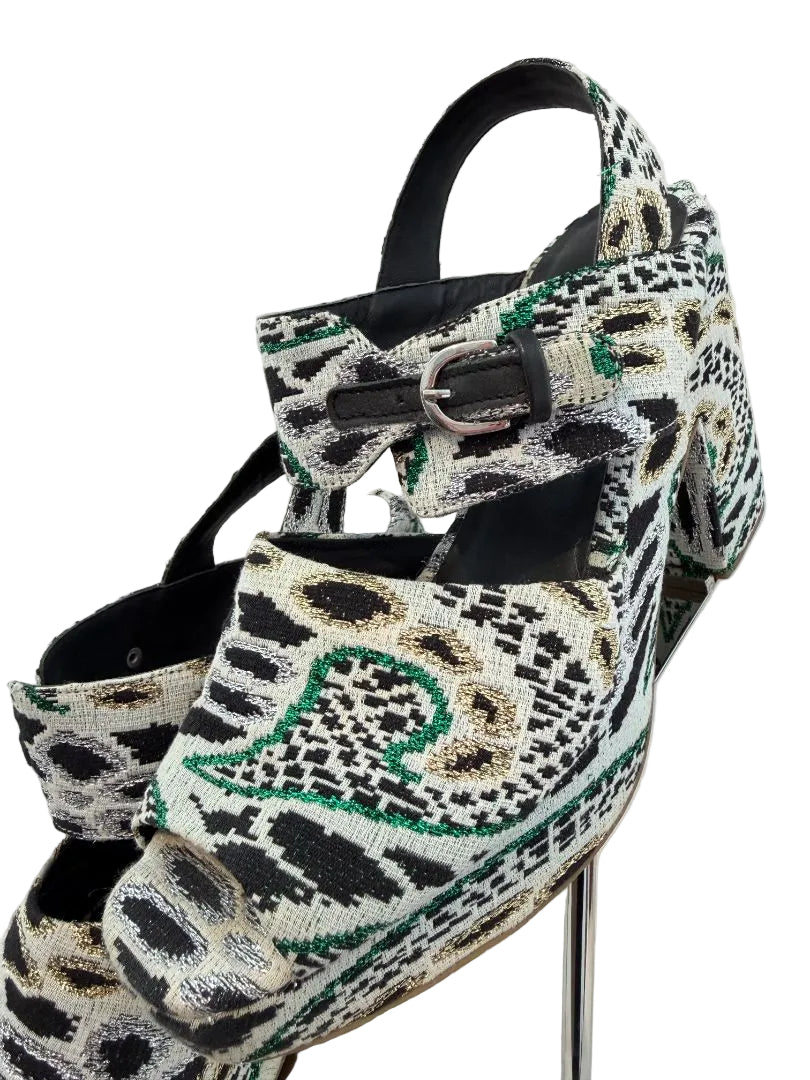 Rachel Comey Open-Toe Strappy Platform Heels in Cheetah Lamé