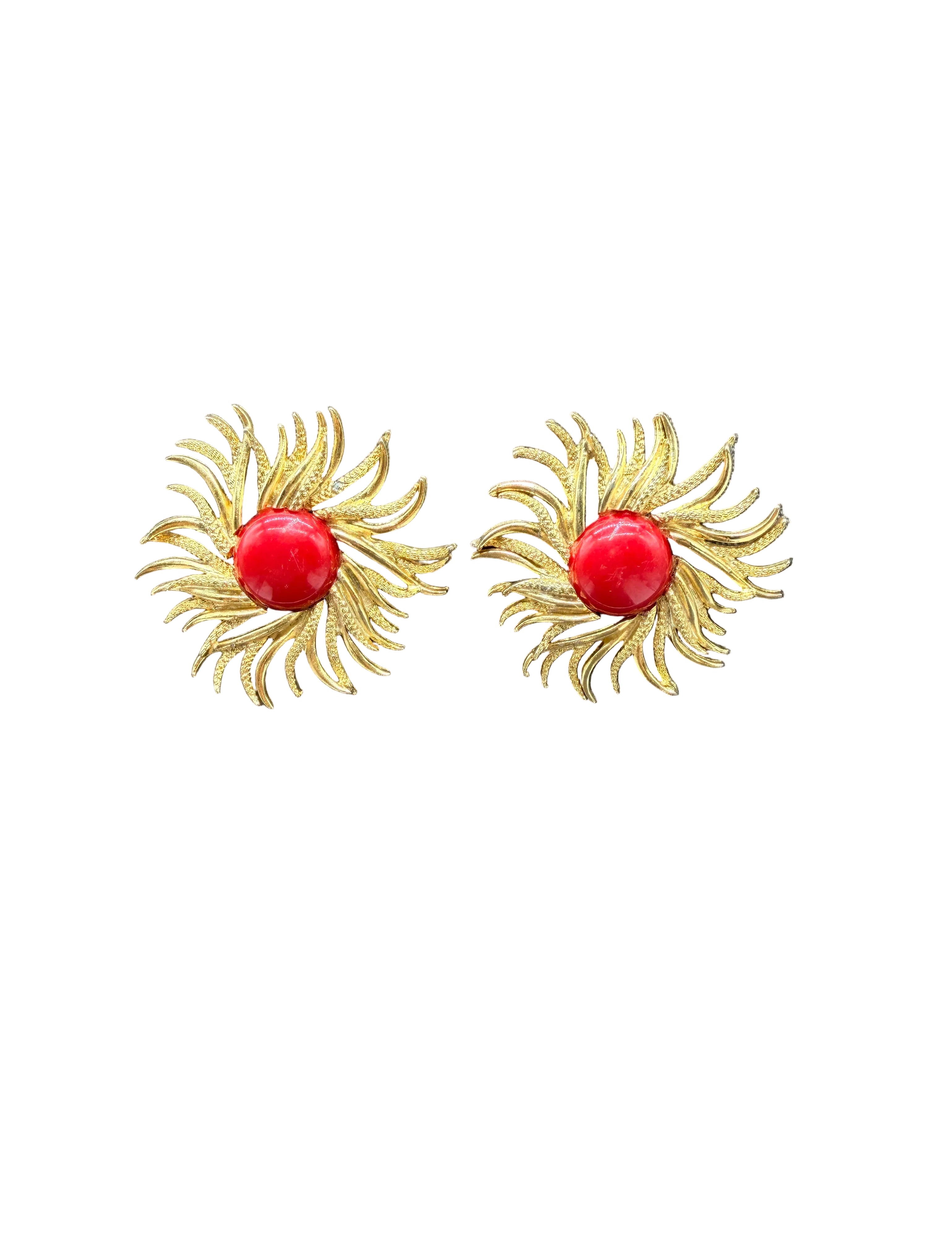 1980s Gold-Tone Statement Sunburst Clip Earrings with Red Acrylic Centers