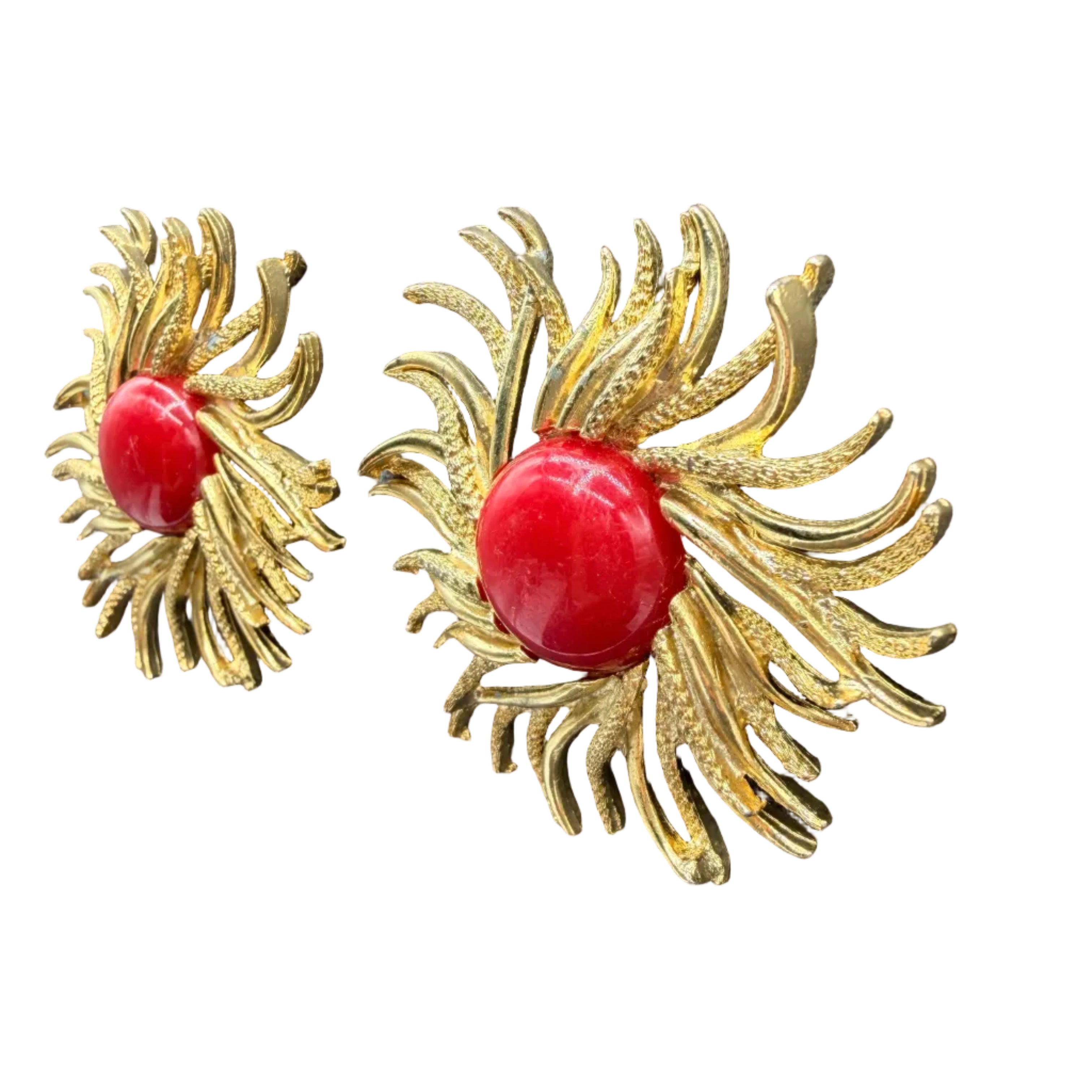 1980s Gold-Tone Statement Sunburst Clip Earrings with Red Acrylic Centers
