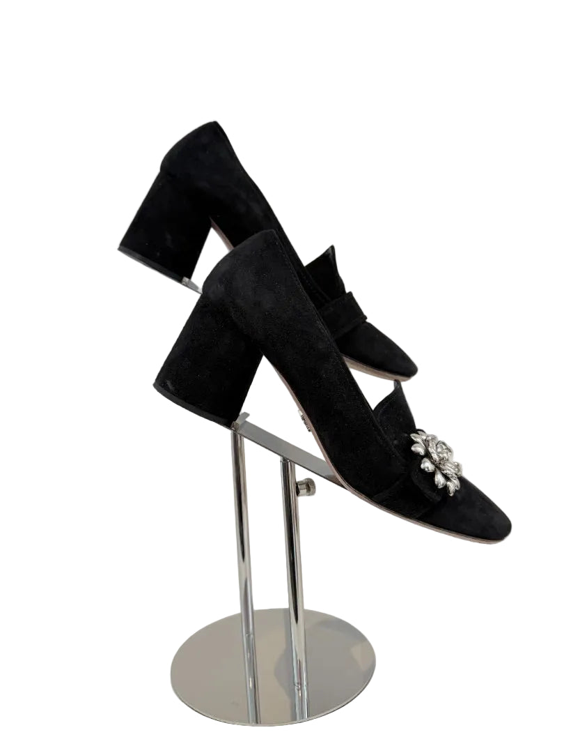 Prada Calzature Donna Black Suede Heeled Loafers with 3D Silver Flower