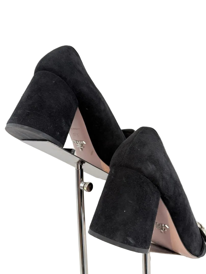 Prada Calzature Donna Black Suede Heeled Loafers with 3D Silver Flower