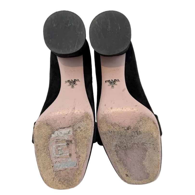 Prada Calzature Donna Black Suede Heeled Loafers with 3D Silver Flower