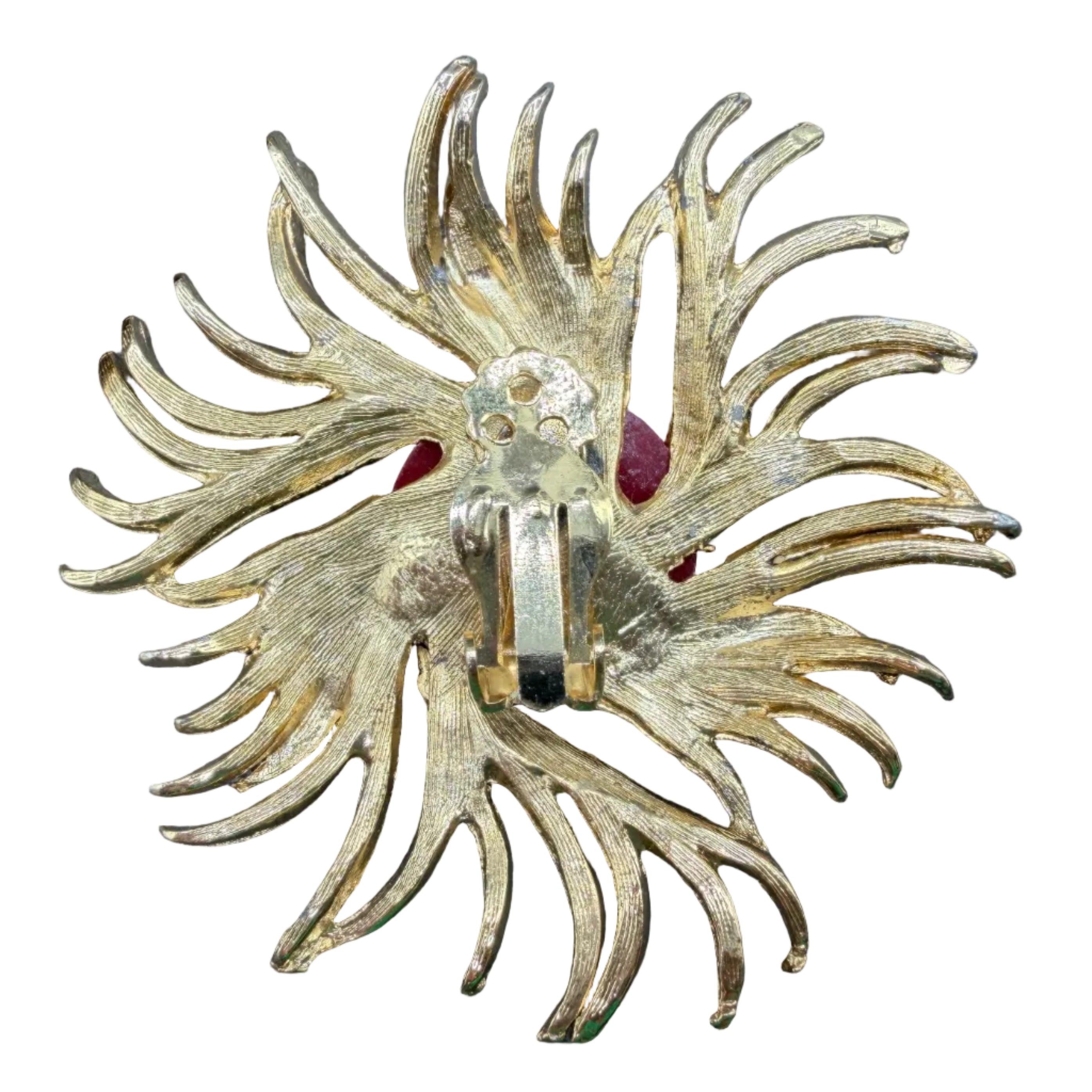1980s Gold-Tone Statement Sunburst Clip Earrings with Red Acrylic Centers