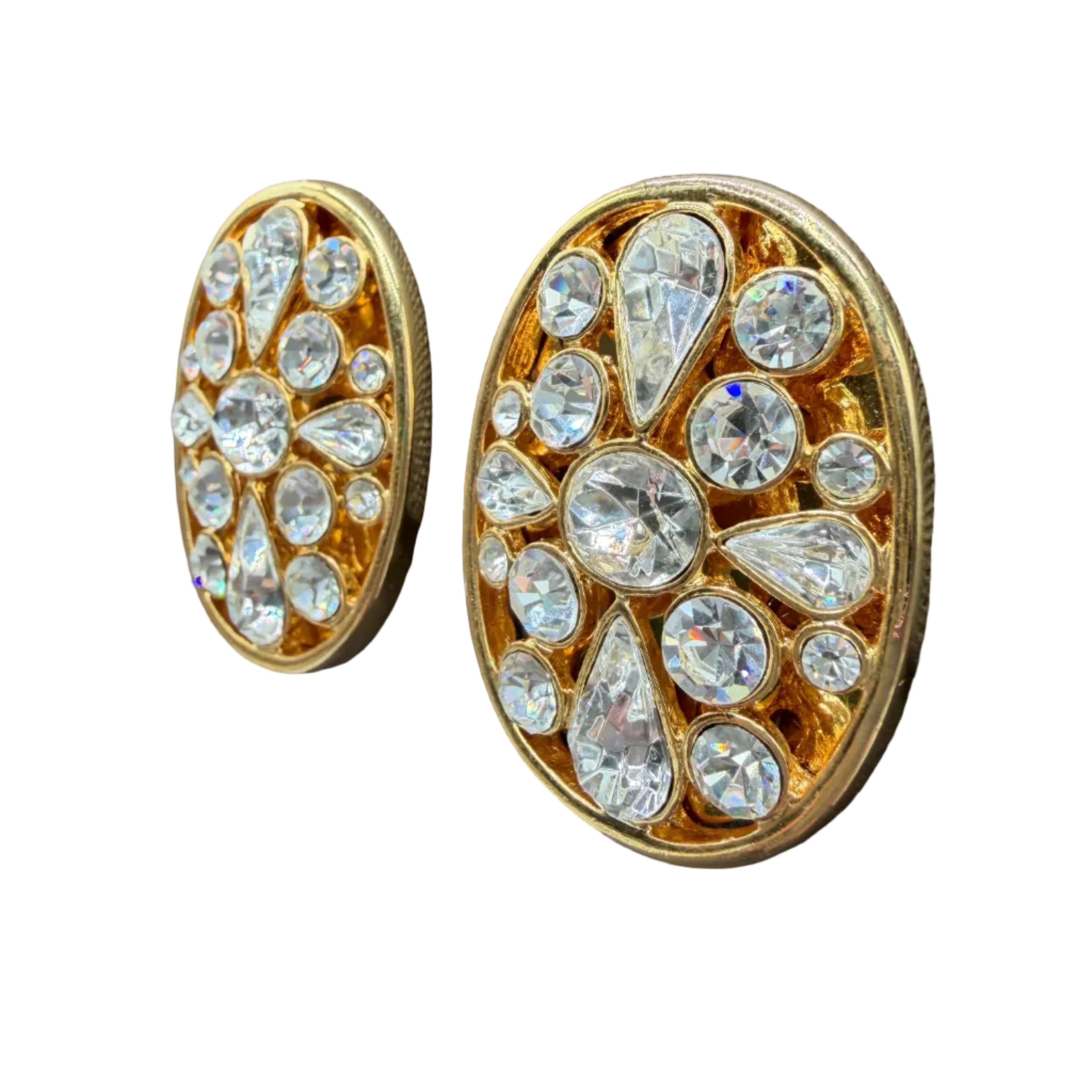 1980s Gold-Tone Statement Oval Clip Earrings with Multi-Shaped Clear Rhinestones