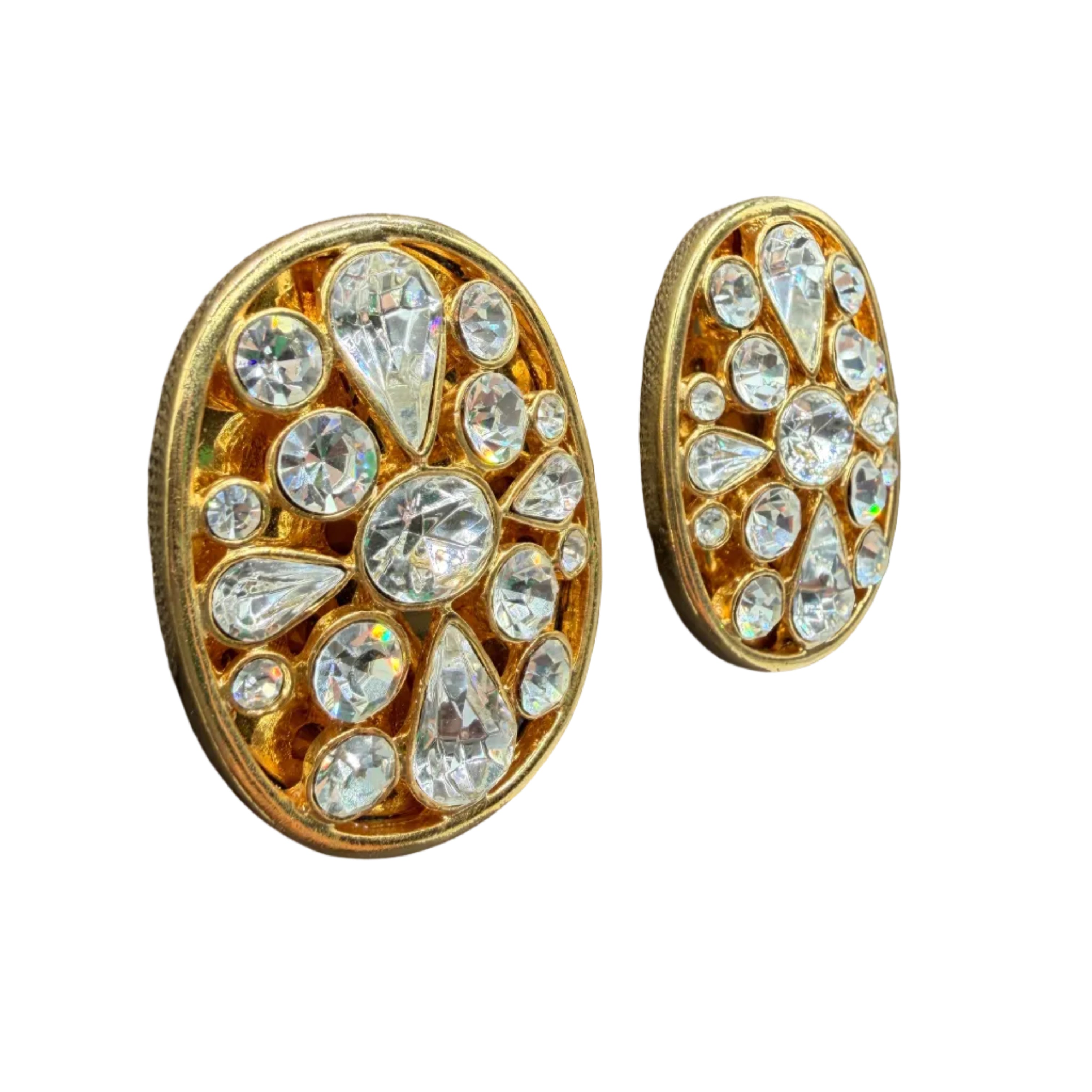 1980s Gold-Tone Statement Oval Clip Earrings with Multi-Shaped Clear Rhinestones