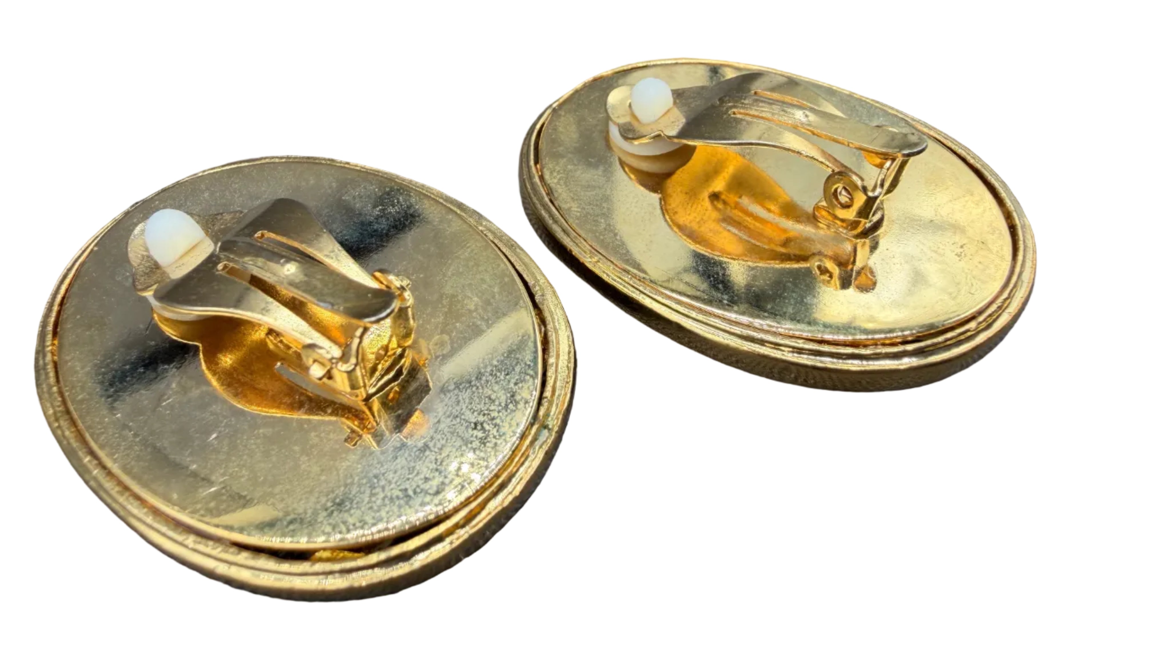 1980s Gold-Tone Statement Oval Clip Earrings with Multi-Shaped Clear Rhinestones