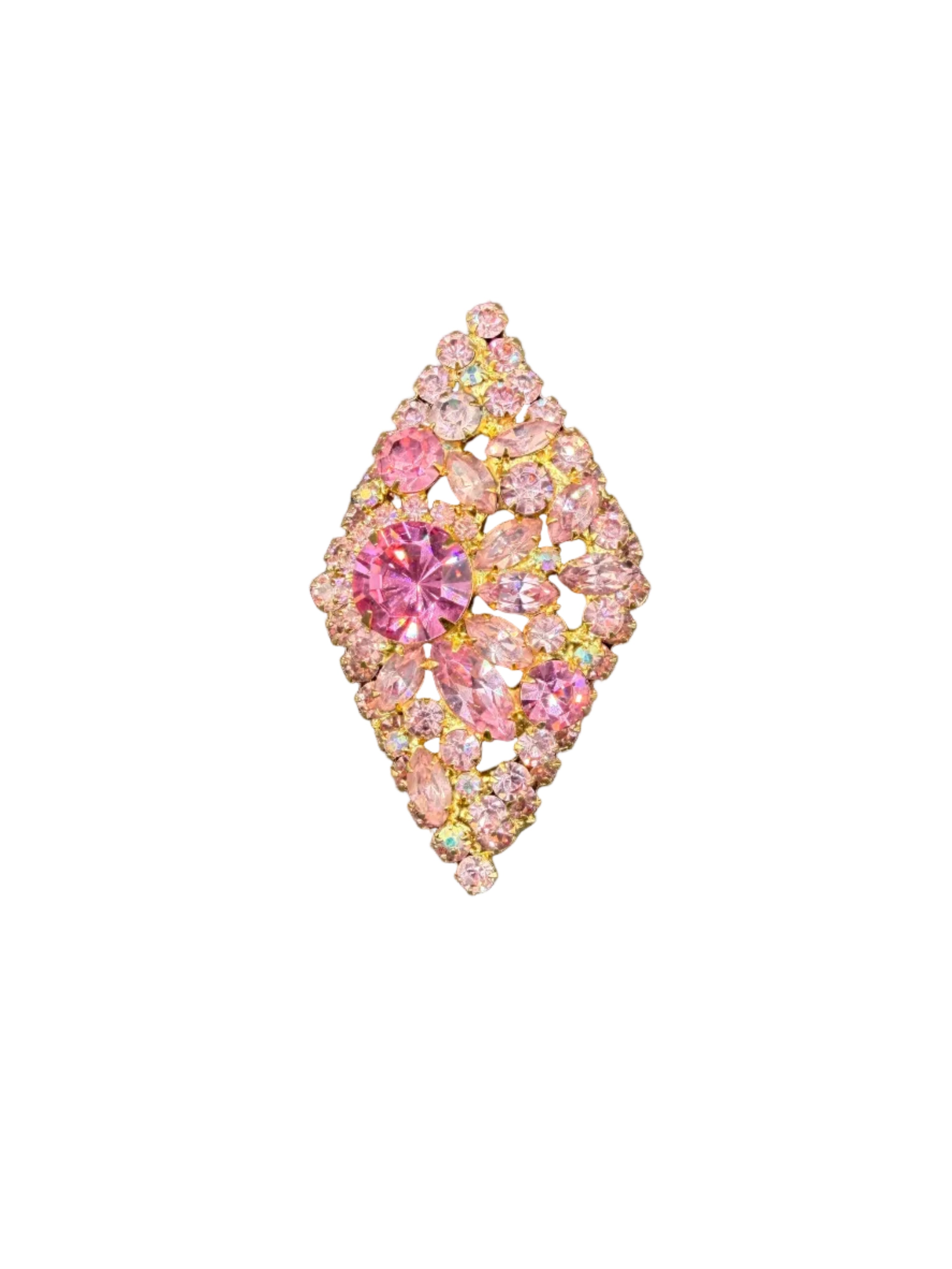1950s Juliana by DeLizza & Elster Diamond-Shaped Brooch with AB, Pale Pink & Bright Pink Austrian Crystals