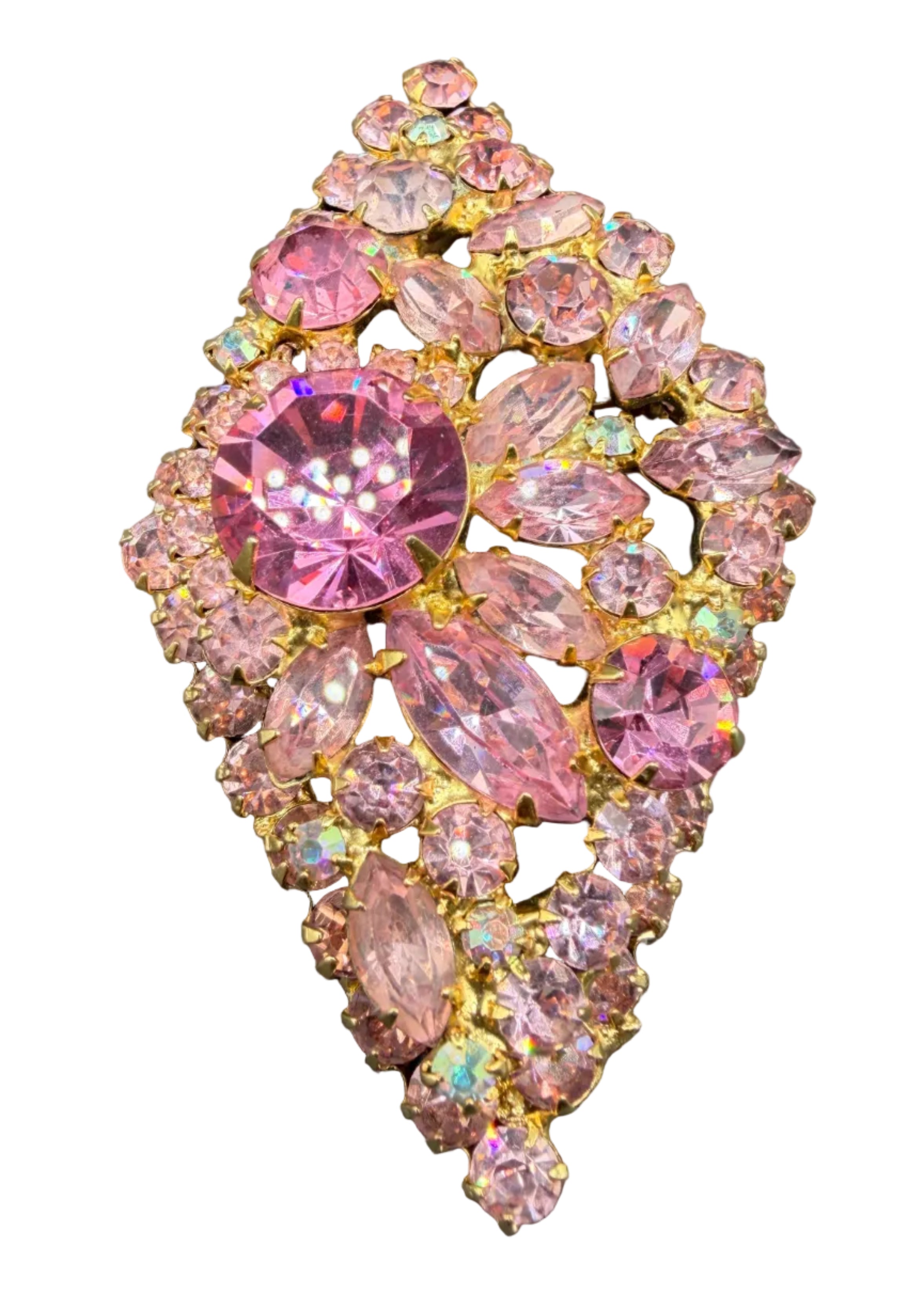 1950s Juliana by DeLizza & Elster Diamond-Shaped Brooch with AB, Pale Pink & Bright Pink Austrian Crystals