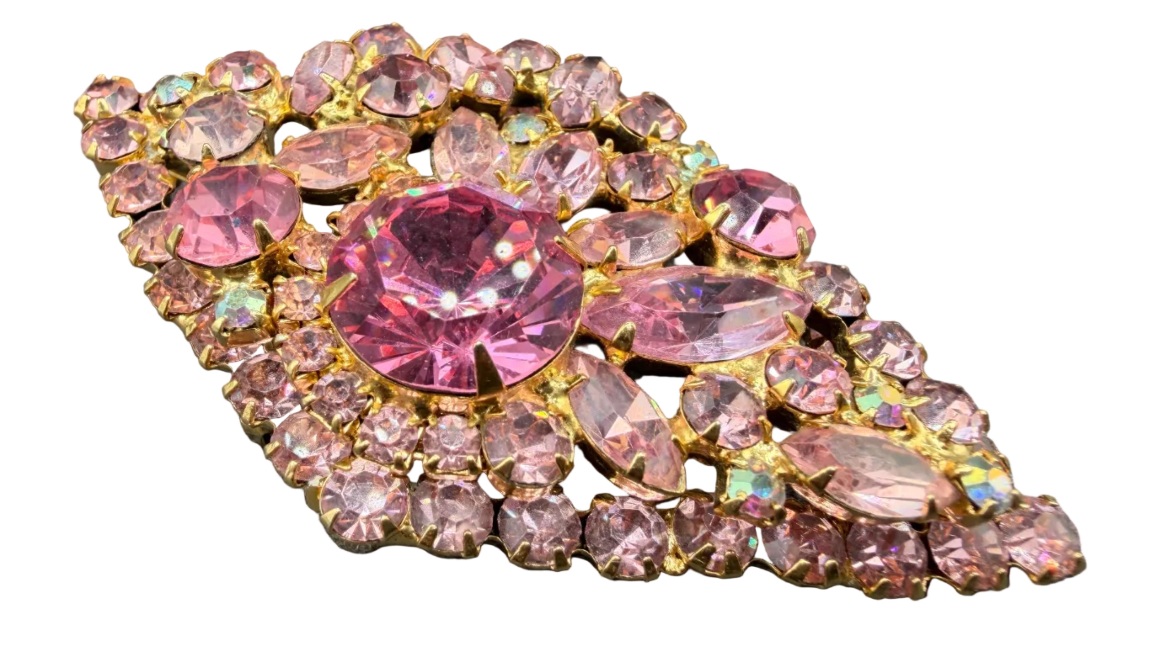 1950s Juliana by DeLizza & Elster Diamond-Shaped Brooch with AB, Pale Pink & Bright Pink Austrian Crystals