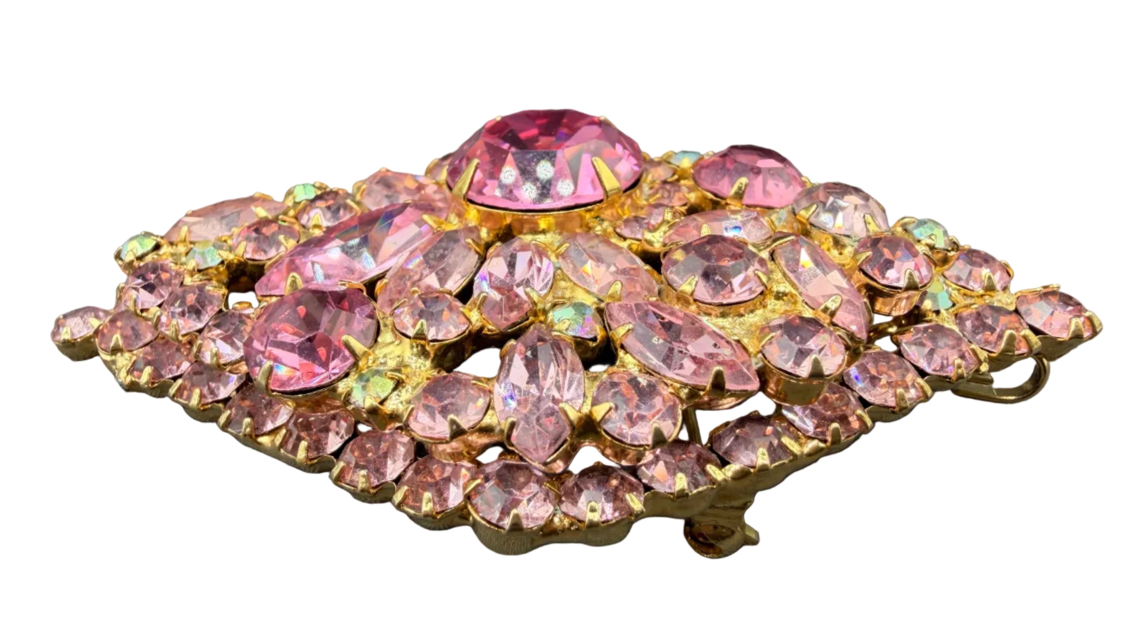 1950s Juliana by DeLizza & Elster Diamond-Shaped Brooch with AB, Pale Pink & Bright Pink Austrian Crystals