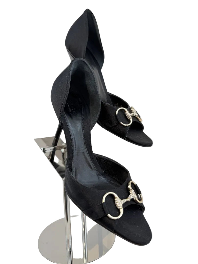 Gucci black satin peep toe D'Orsay evening heels with crystal horse bit detail