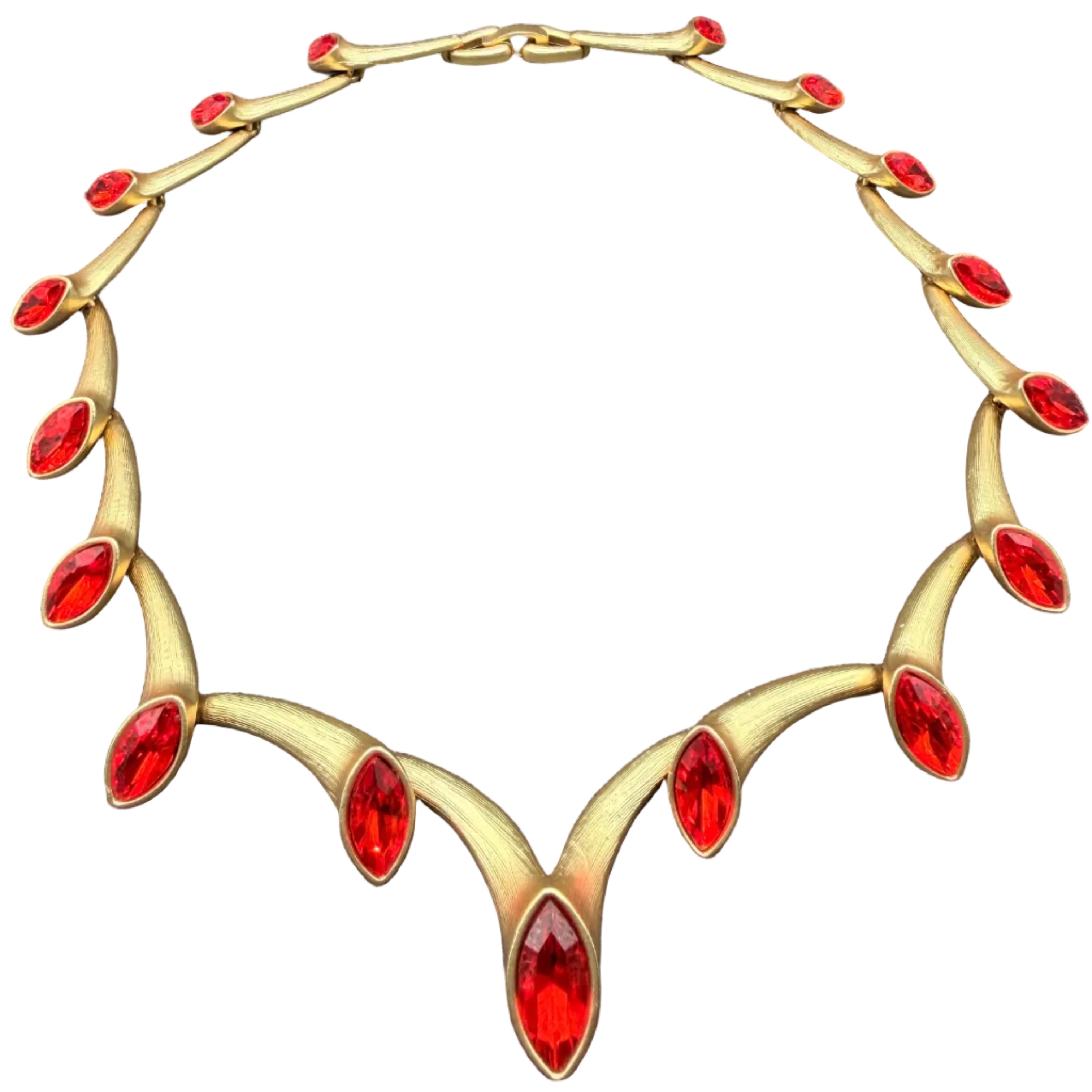 1950s Mid-Century Modern Gold-Tone Trumpet Link Necklace with Red Marquise Stones
