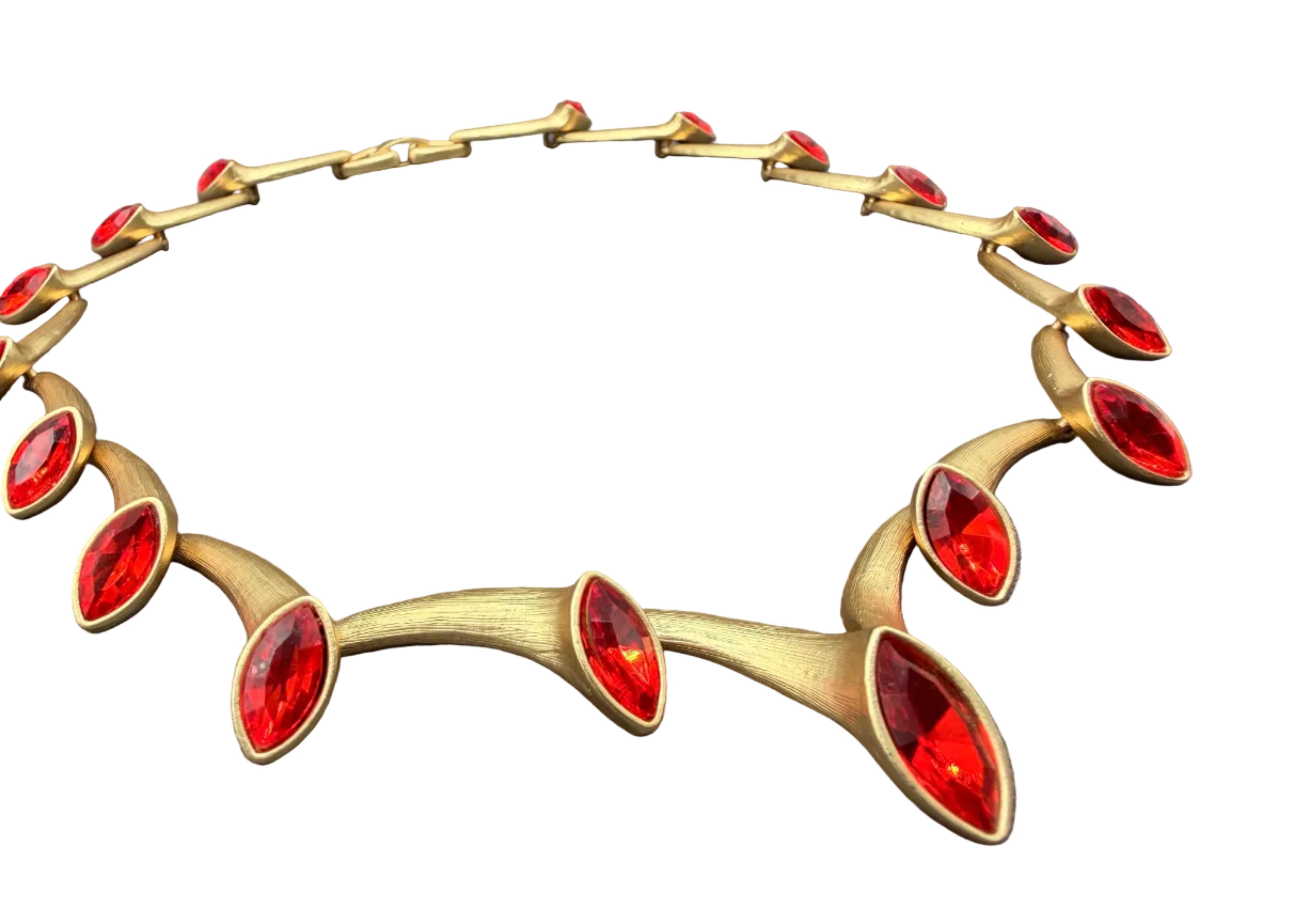 1950s Mid-Century Modern Gold-Tone Trumpet Link Necklace with Red Marquise Stones