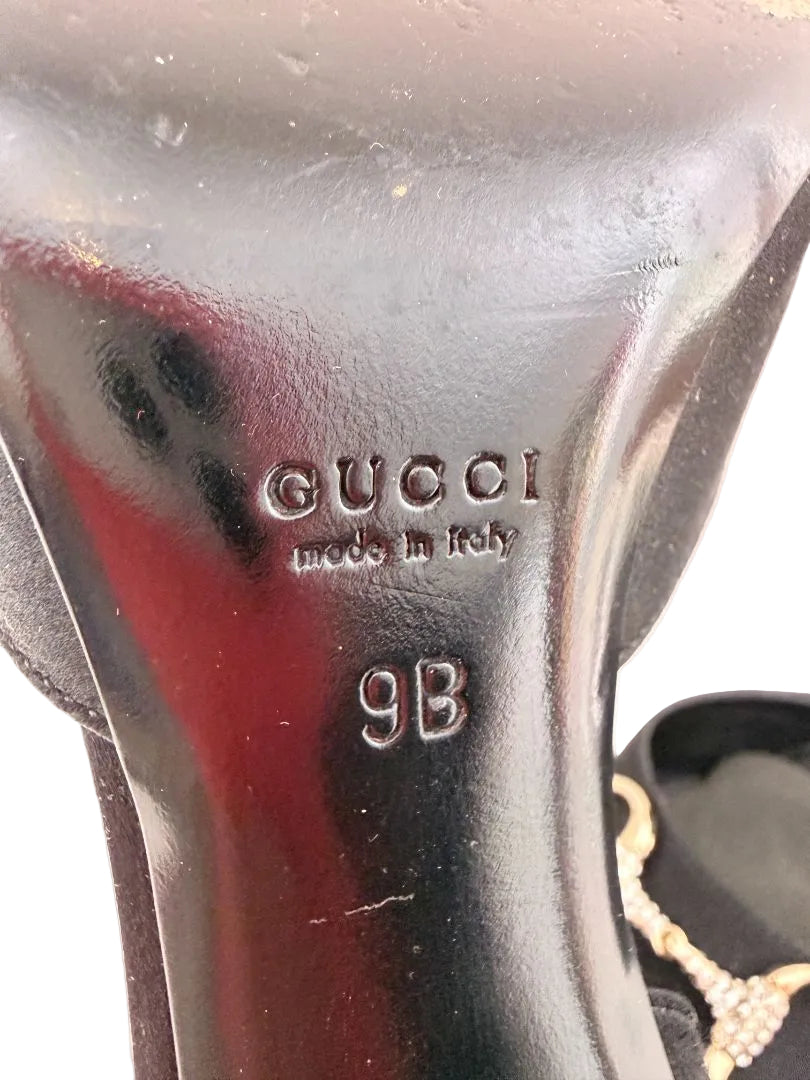 Gucci black satin peep toe D'Orsay evening heels with crystal horse bit detail