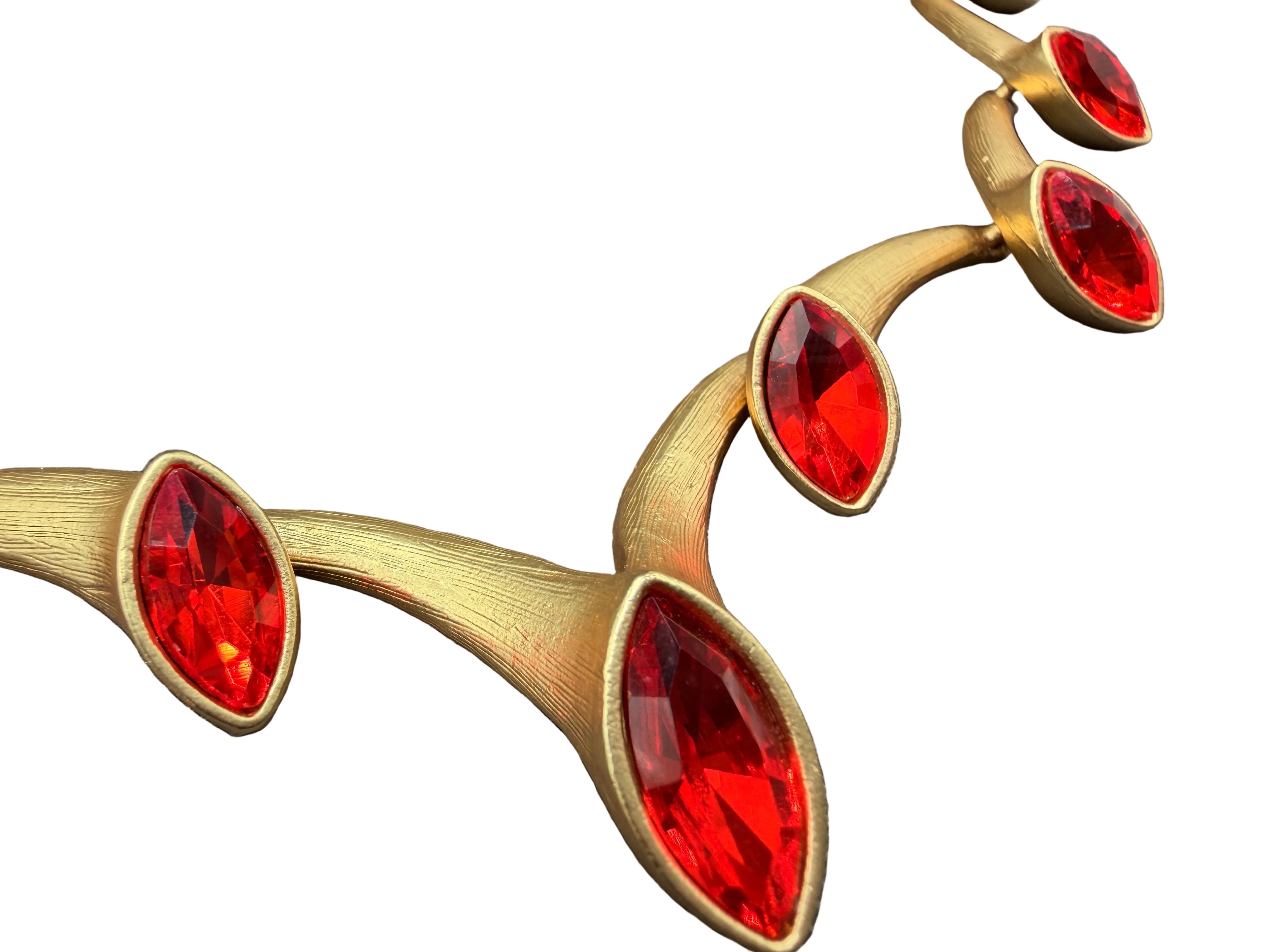 1950s Mid-Century Modern Gold-Tone Trumpet Link Necklace with Red Marquise Stones