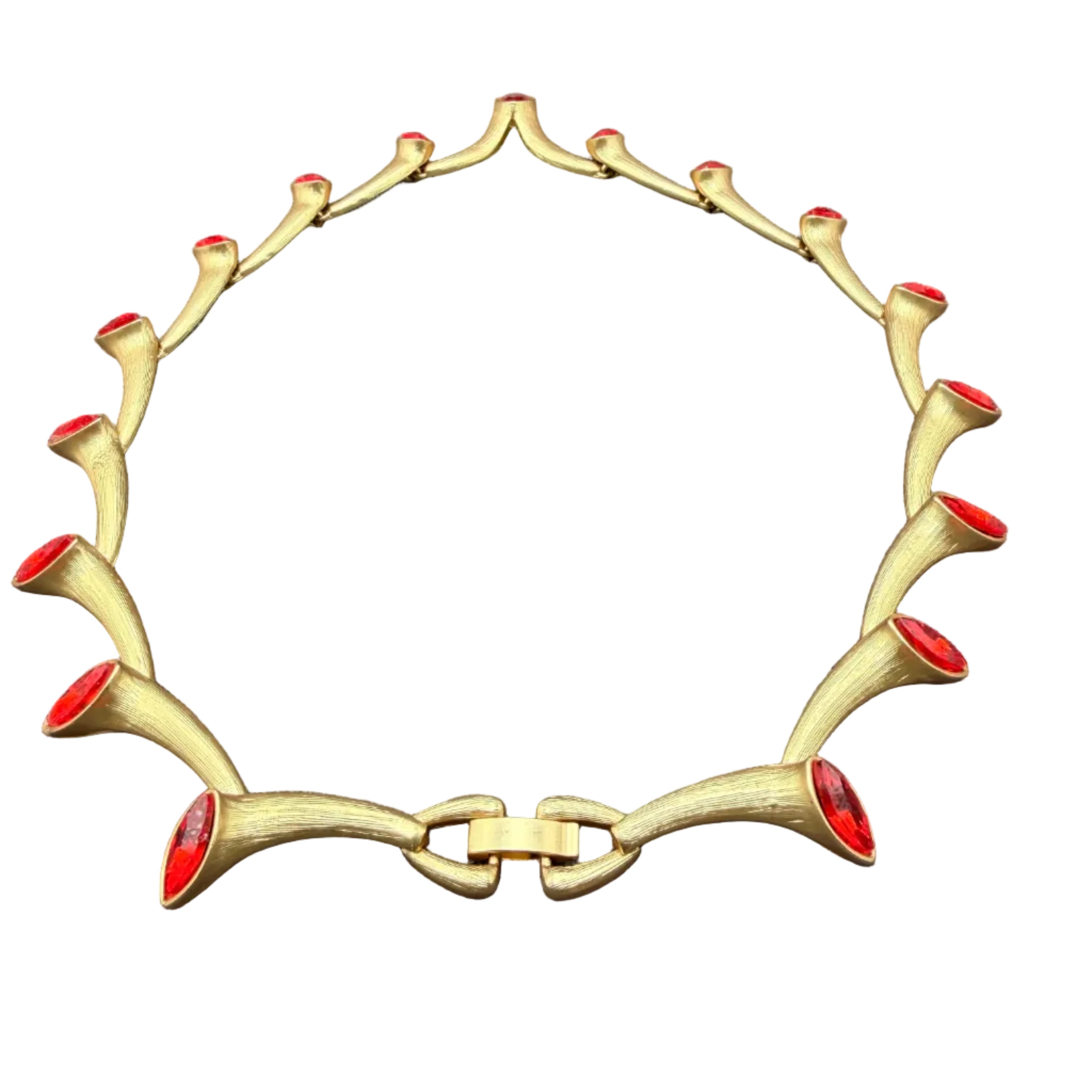 1950s Mid-Century Modern Gold-Tone Trumpet Link Necklace with Red Marquise Stones