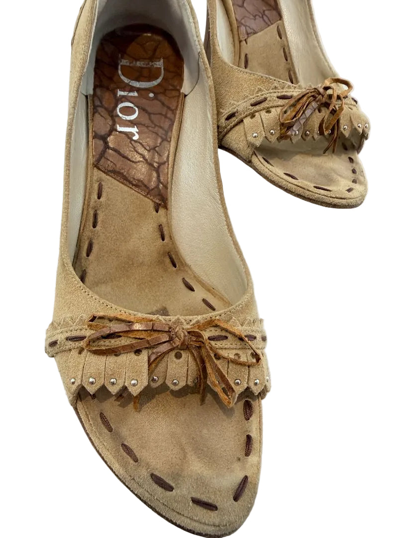Christian Dior Brown Suede Open-Toe Wingtip Heels