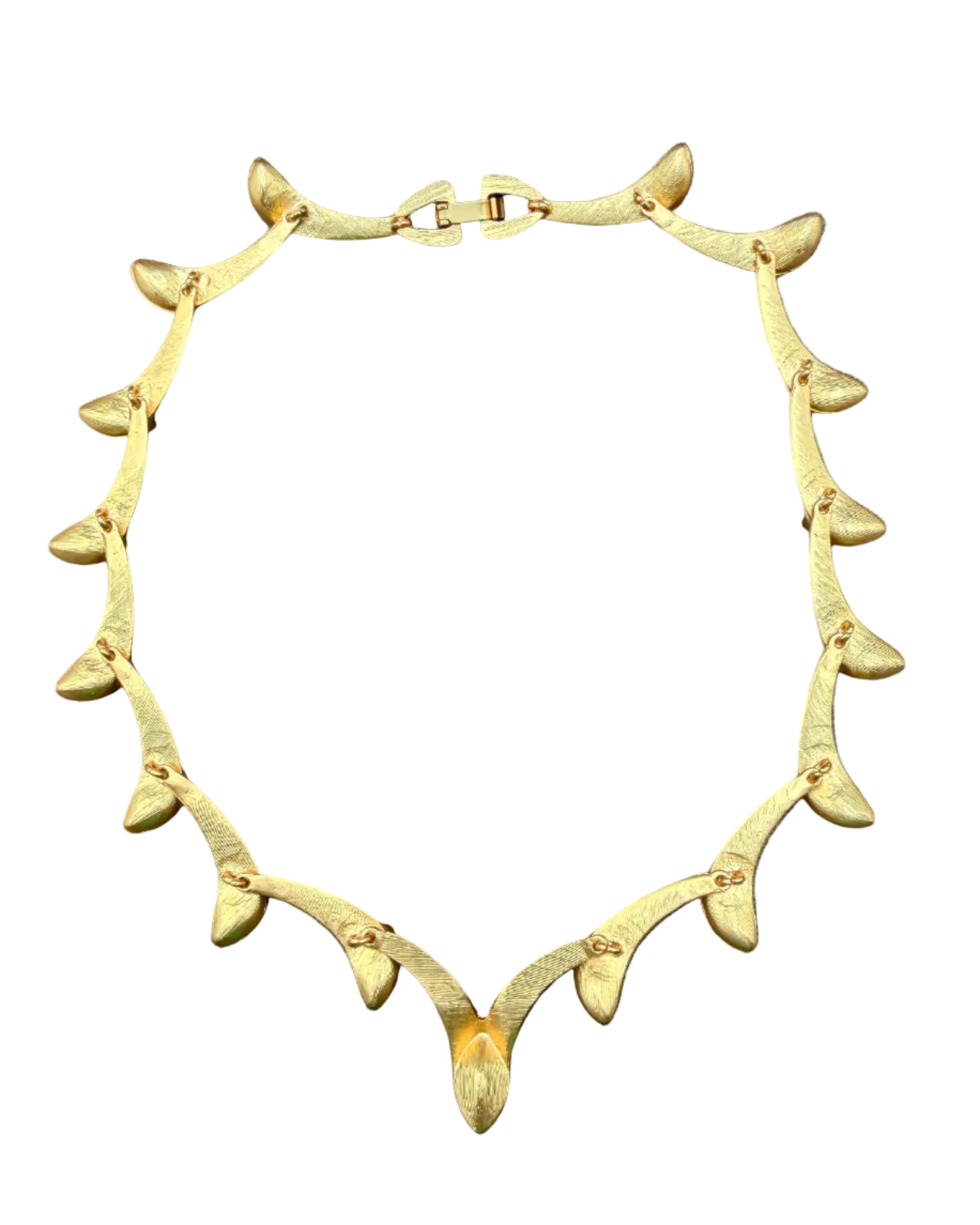 1950s Mid-Century Modern Gold-Tone Trumpet Link Necklace with Red Marquise Stones