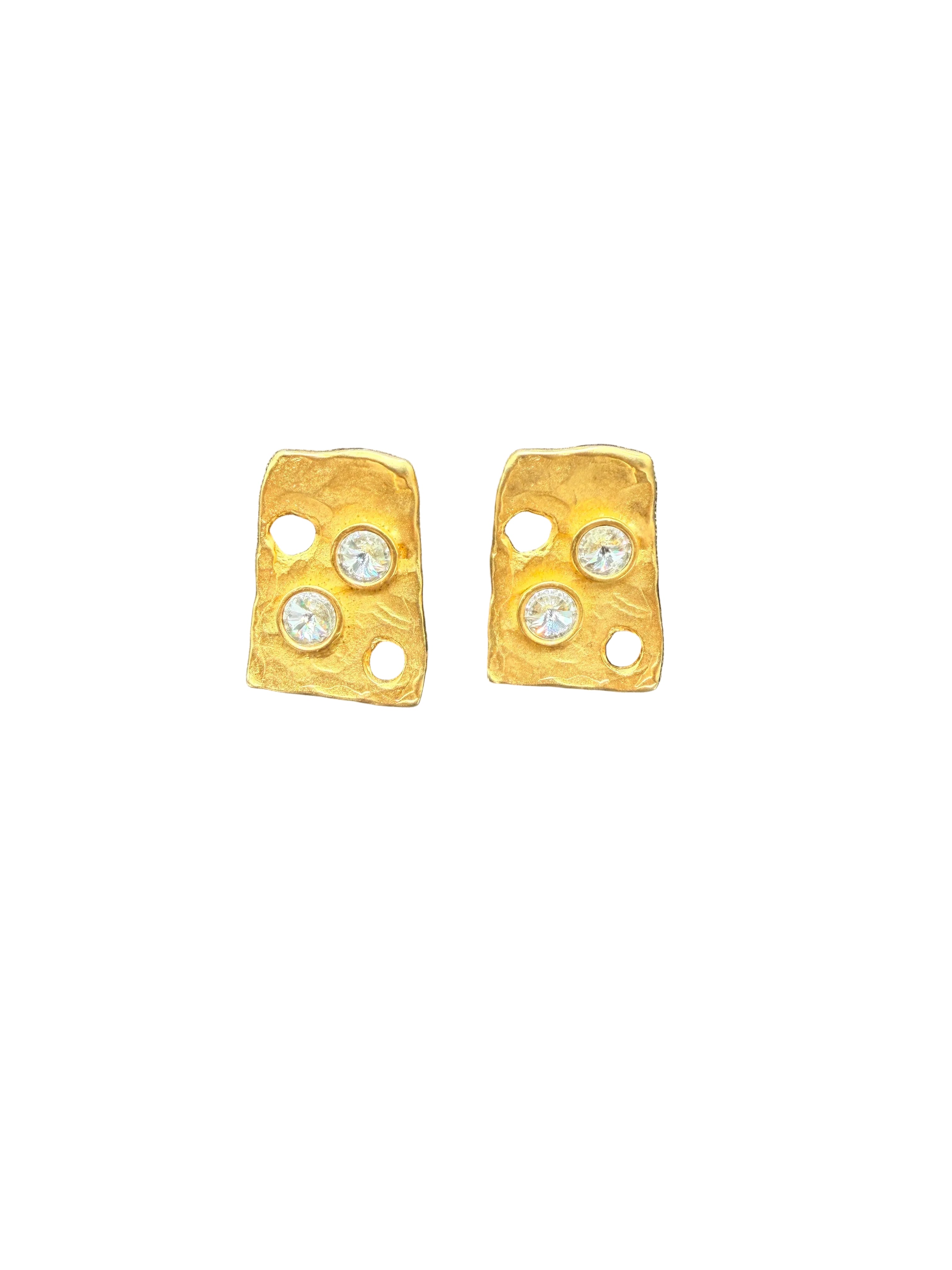 1980s Brutalist-Inspired Matte Gold-Tone Earrings with Openwork & Rhinestone Accents