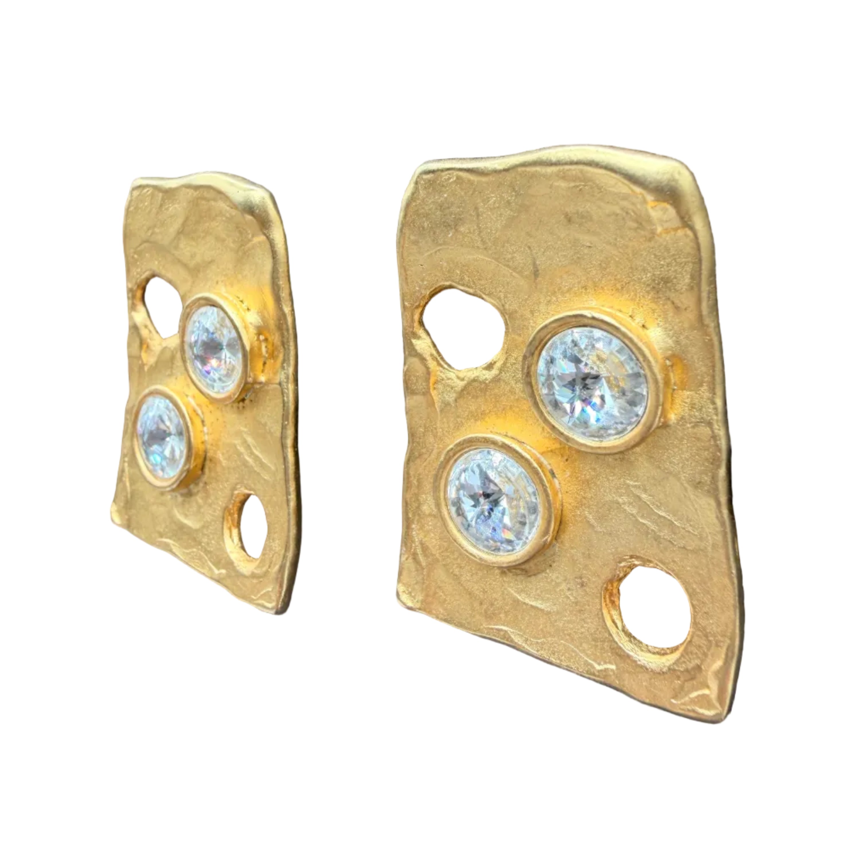 1980s Brutalist-Inspired Matte Gold-Tone Earrings with Openwork & Rhinestone Accents