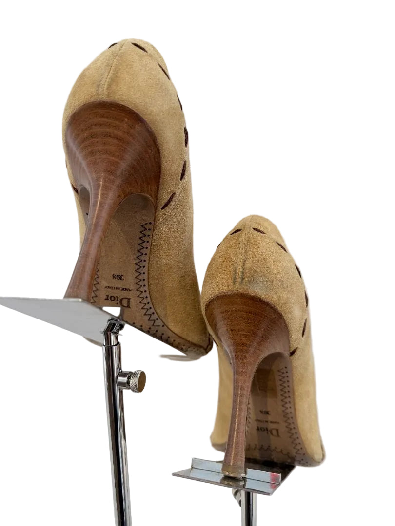 Christian Dior Brown Suede Open-Toe Wingtip Heels