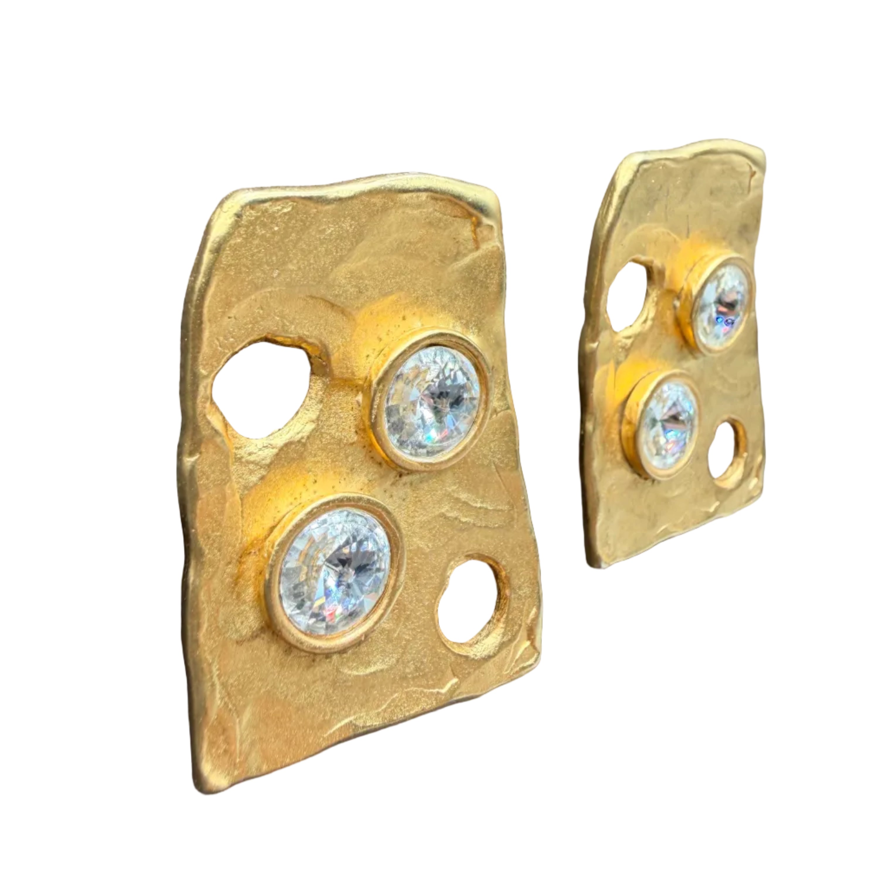 1980s Brutalist-Inspired Matte Gold-Tone Earrings with Openwork & Rhinestone Accents