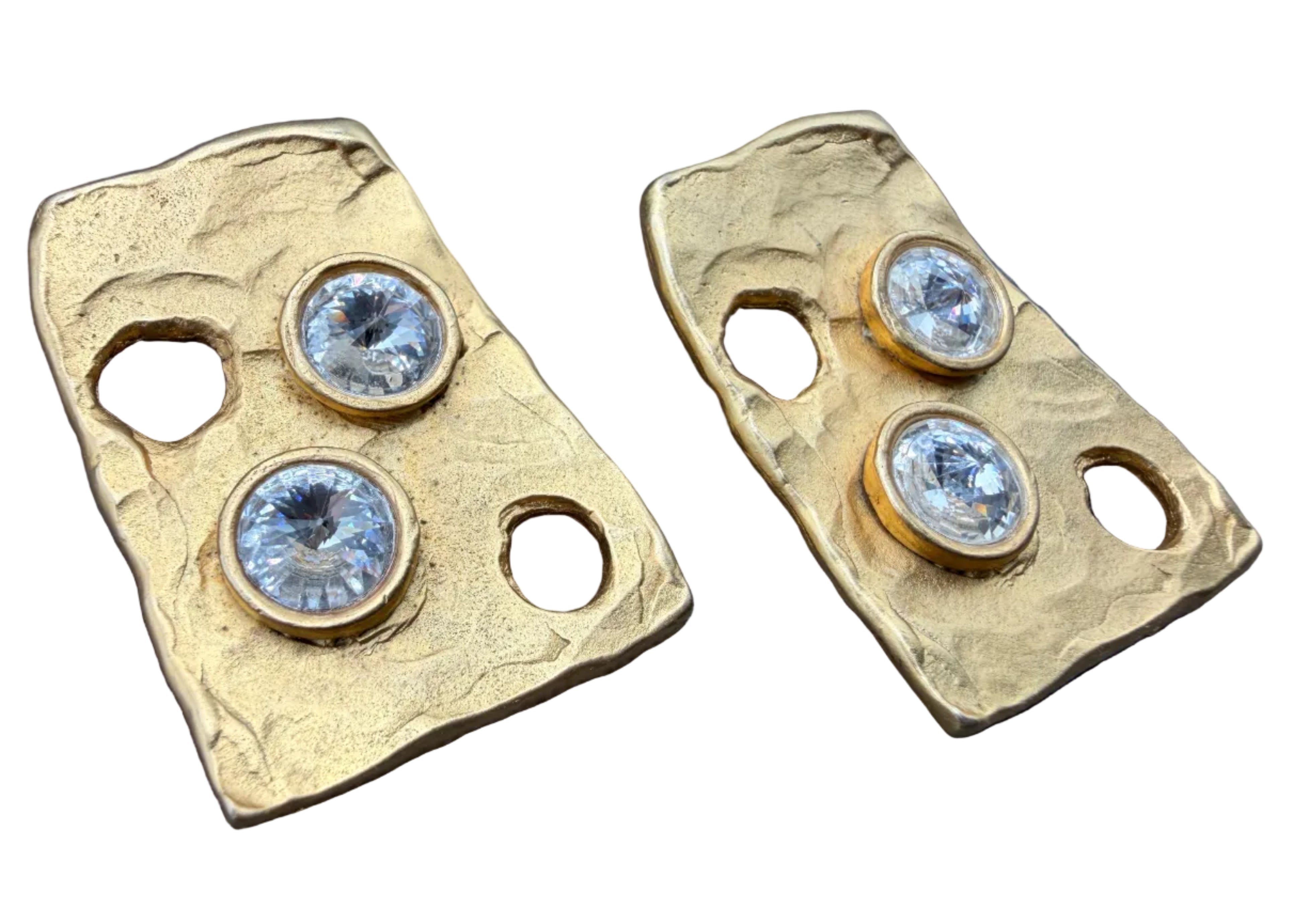 1980s Brutalist-Inspired Matte Gold-Tone Earrings with Openwork & Rhinestone Accents