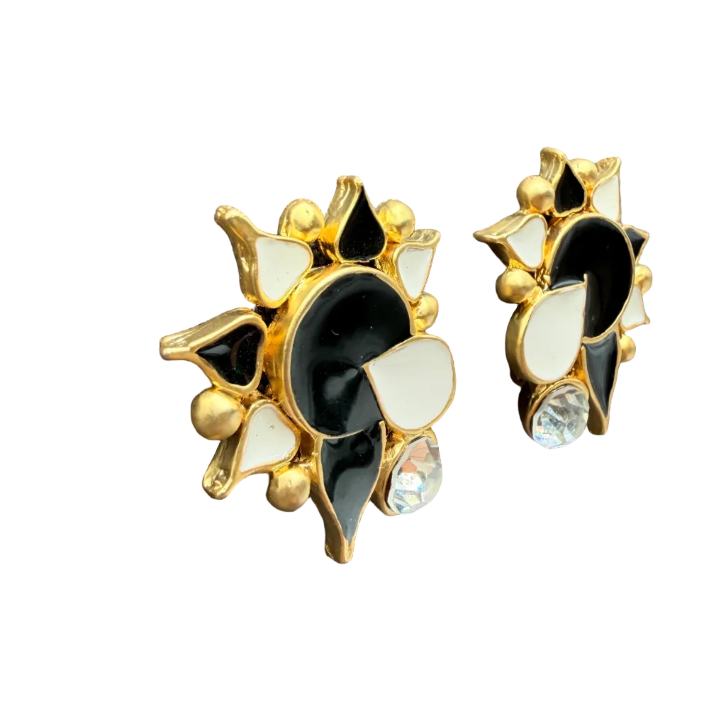 1980s Matte Gold-tone abstract flower clip on earrings with black & white enamel and clear rhinestone accent stone