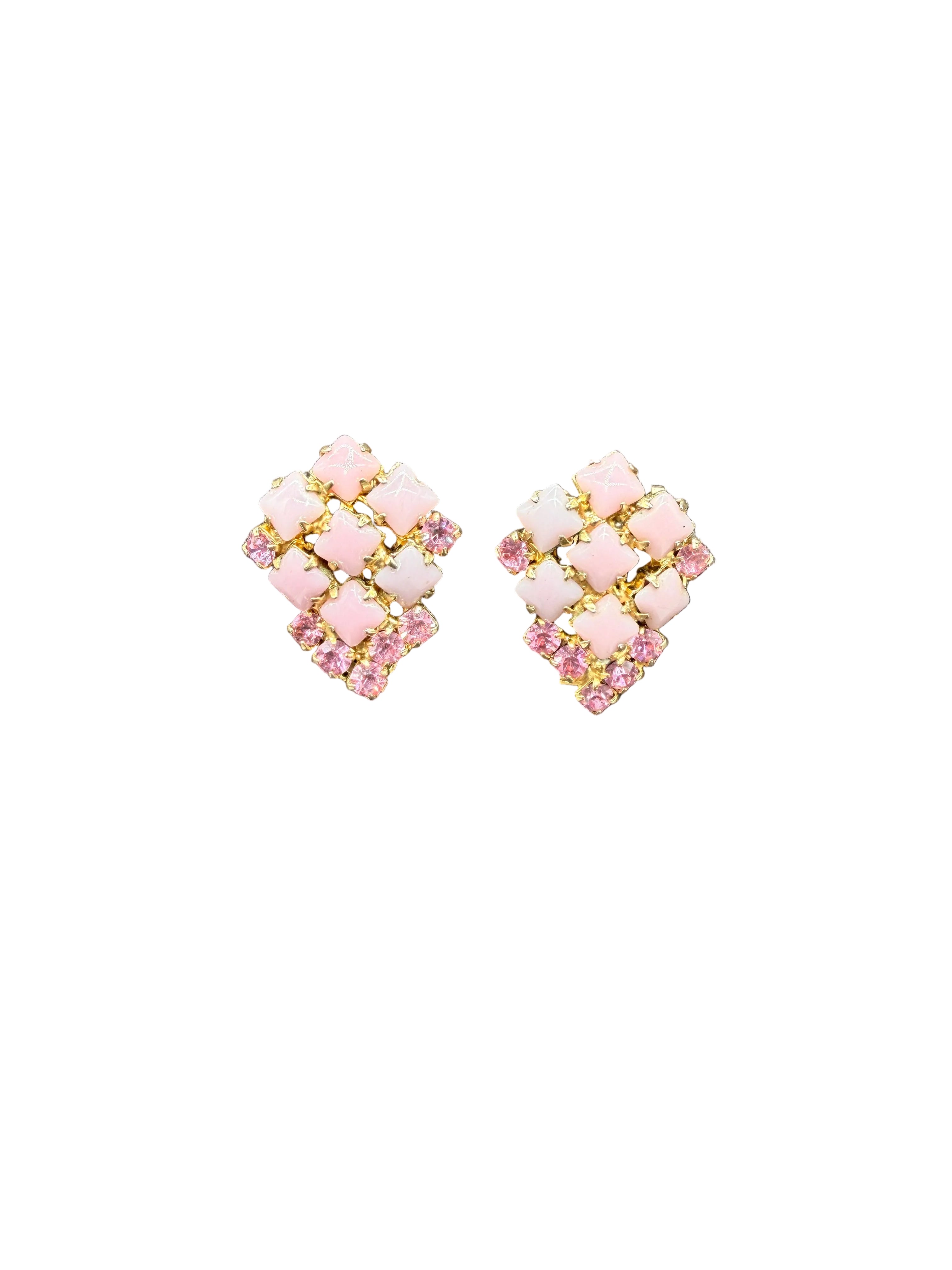 1950s Gold-Tone Clip Earrings with Prong-Set Pink Milk Glass & Rhinestones