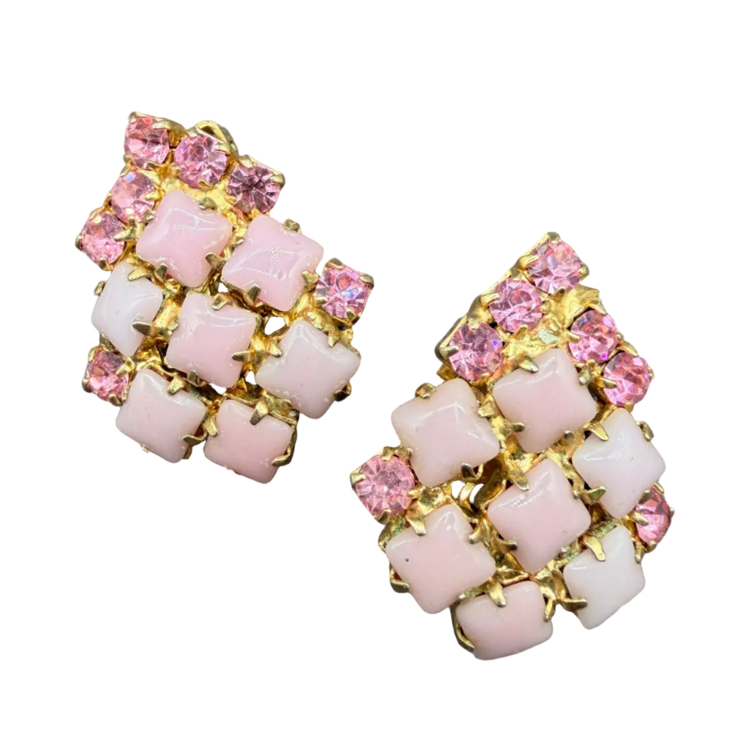 1950s Gold-Tone Clip Earrings with Prong-Set Pink Milk Glass & Rhinestones