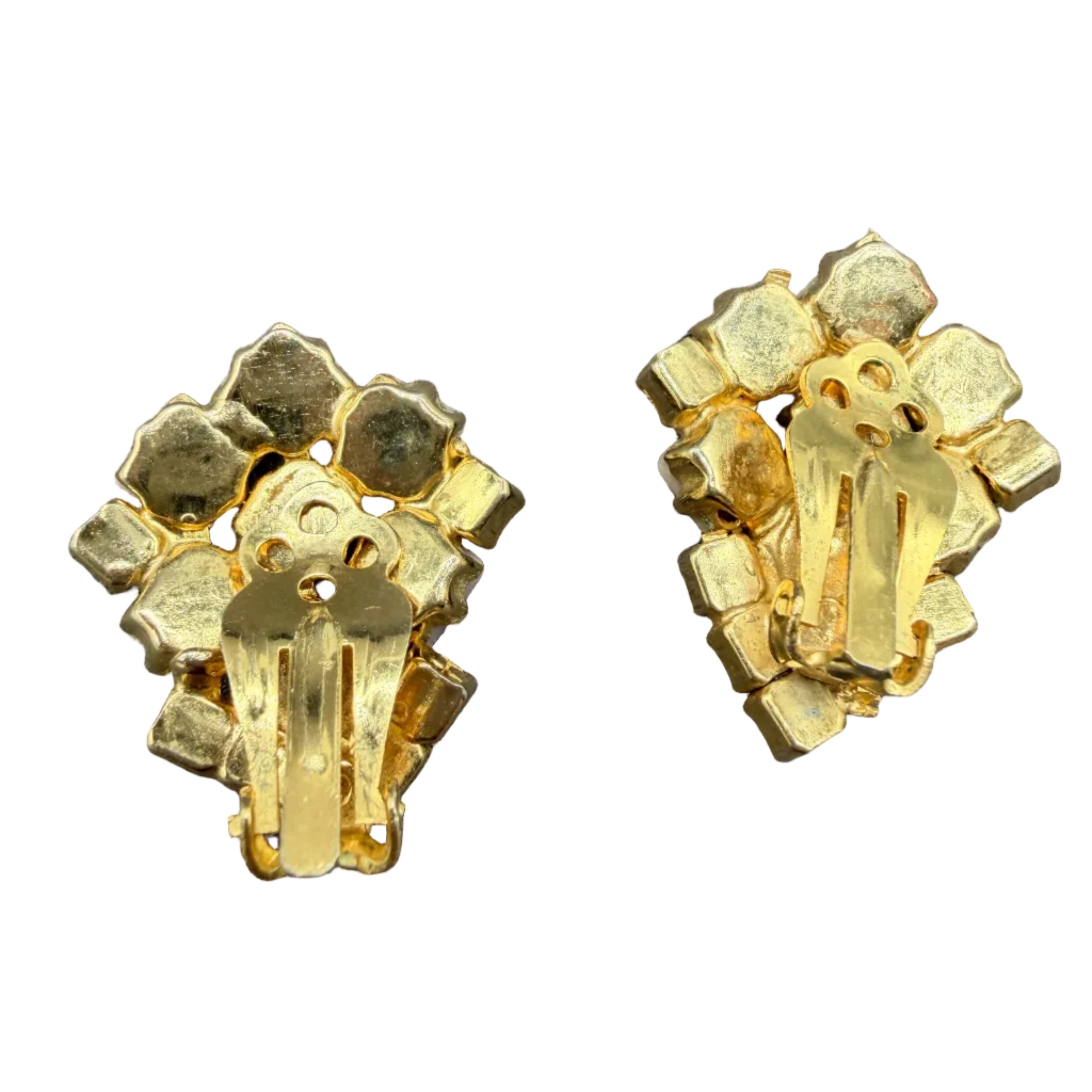 1950s Gold-Tone Clip Earrings with Prong-Set Pink Milk Glass & Rhinestones