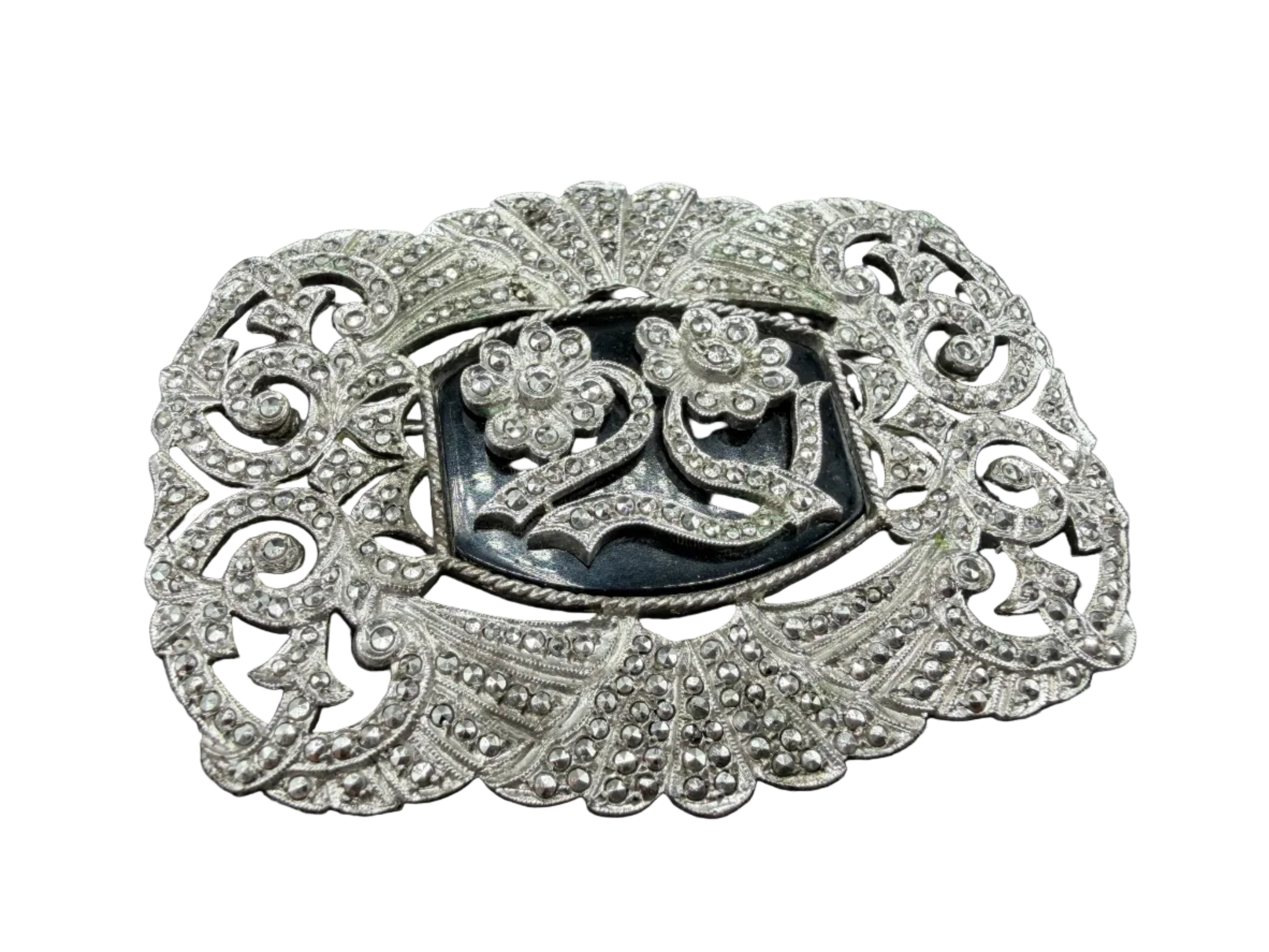1950s Kimler & Daniel Co. Sterling Silver Openwork Brooch with Marcasite & Onyx