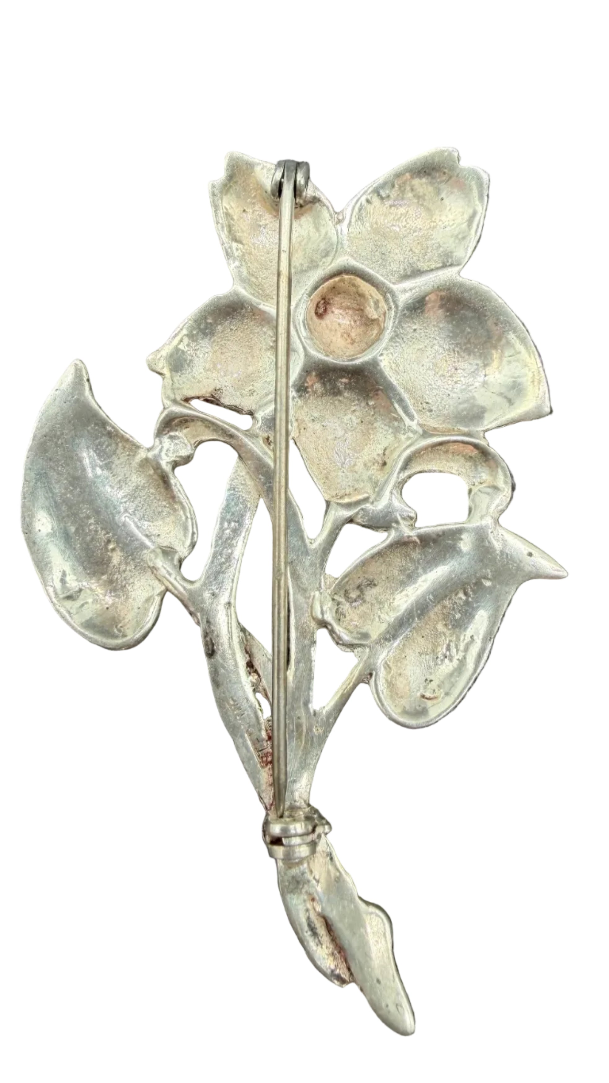 1950s Sterling Silver Flower Brooch with Stem & Leaves