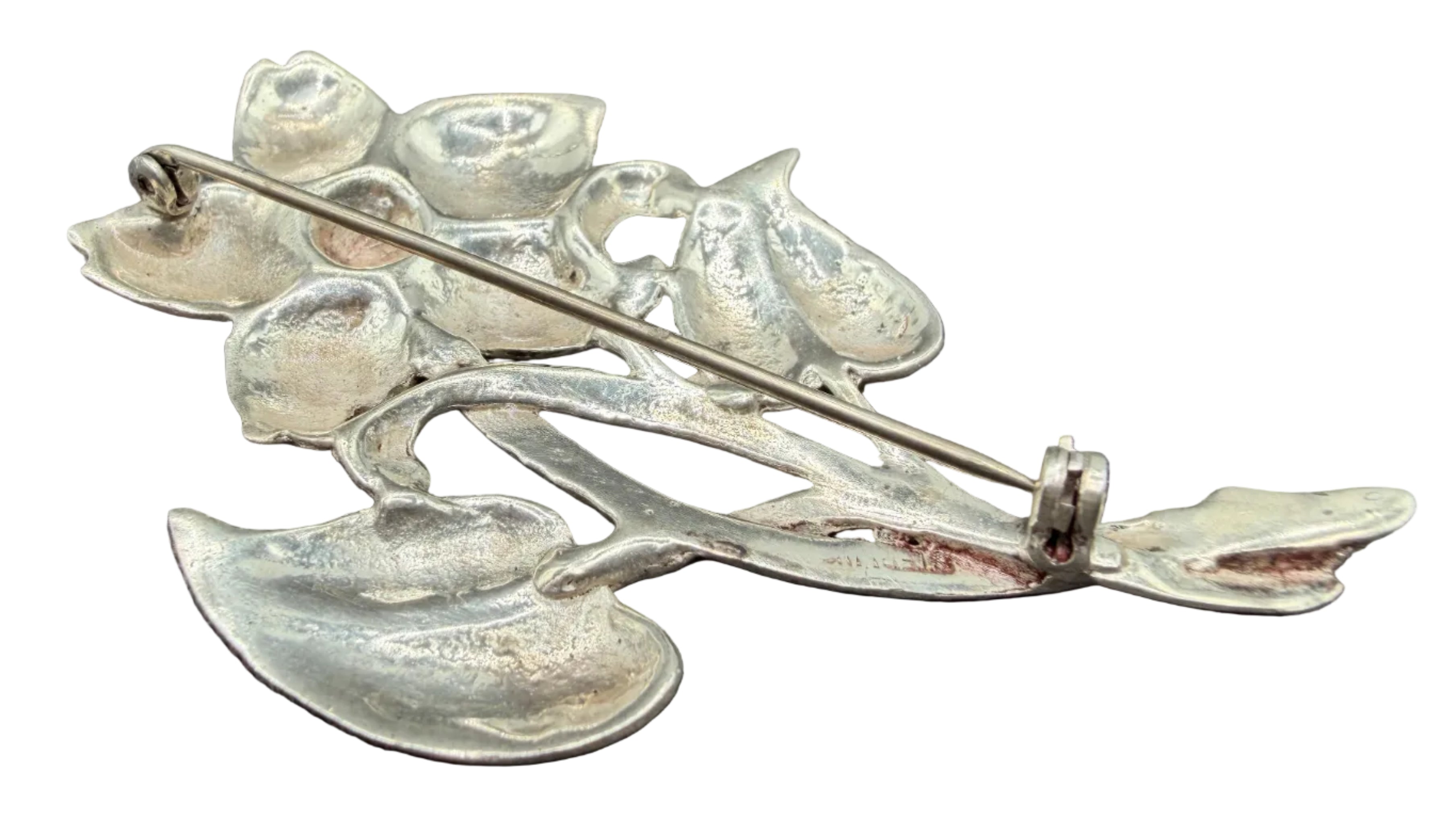 1950s Sterling Silver Flower Brooch with Stem & Leaves