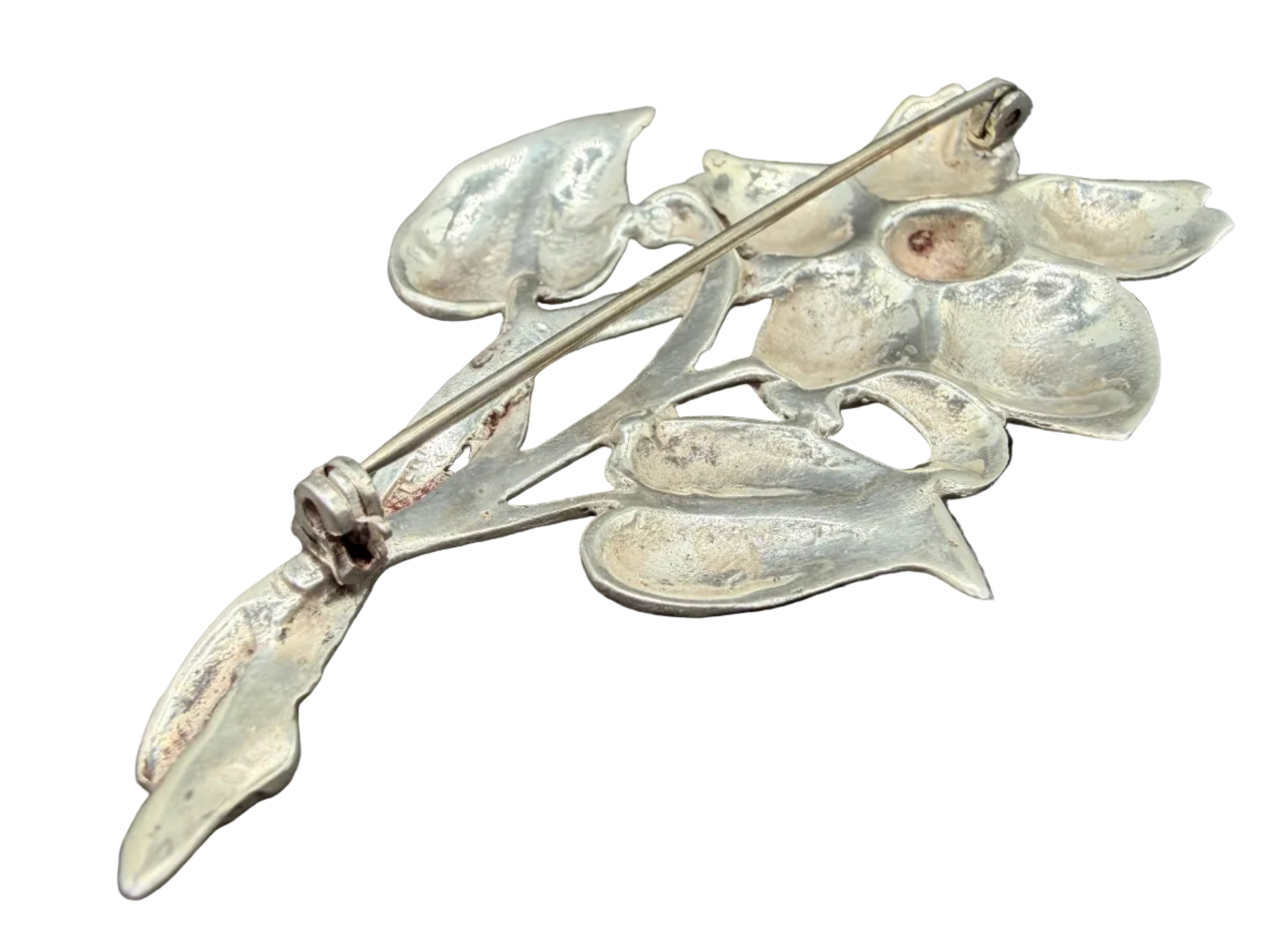 1950s Sterling Silver Flower Brooch with Stem & Leaves