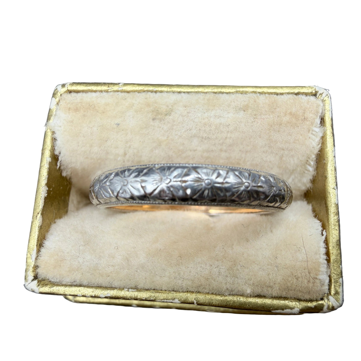 Circa 1902 John Wanamaker Platinum & 18K Gold Engraved Edwardian Wedding Band