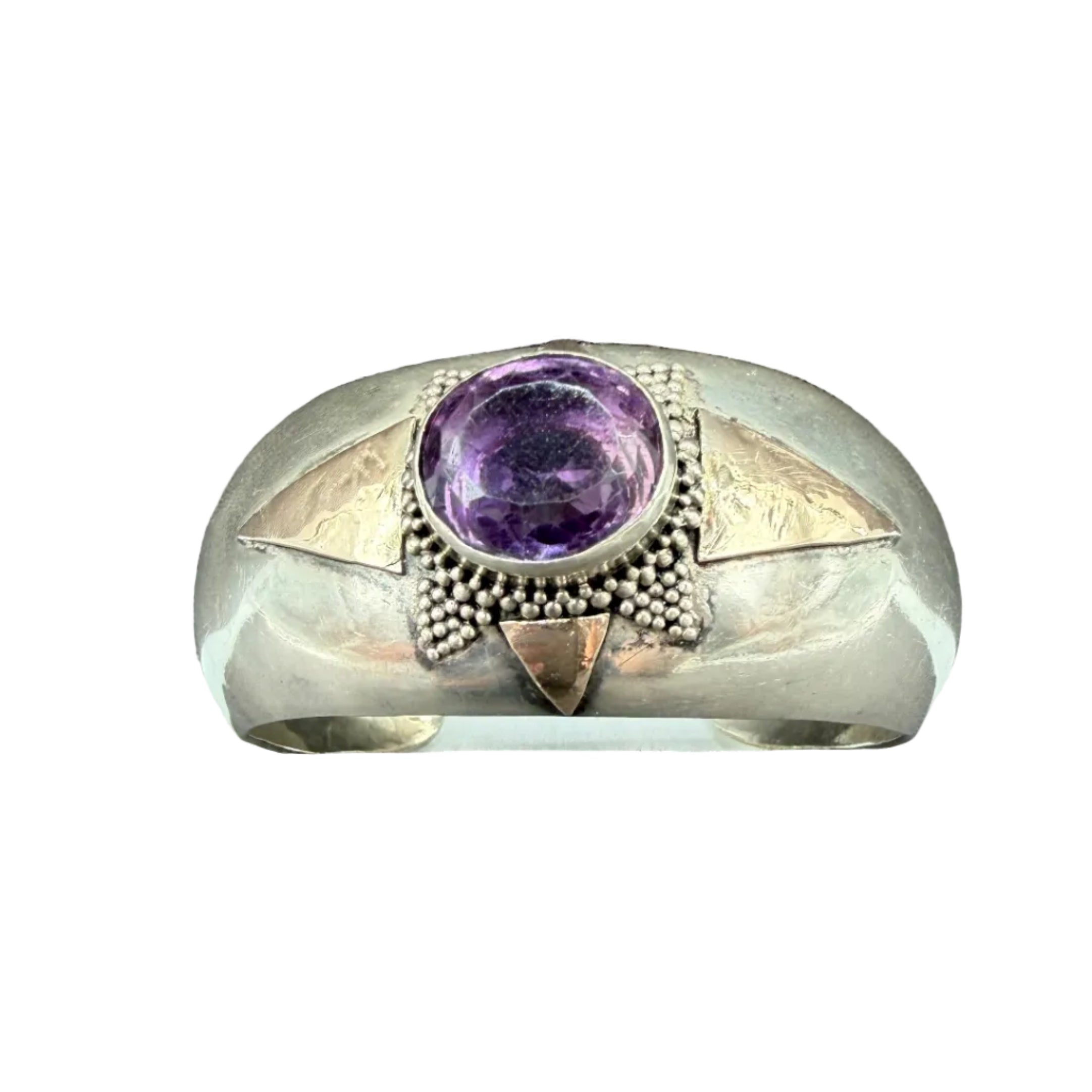 1980s Navajo Sterling Silver & Brass Cuff Bracelet with Faceted Amethyst