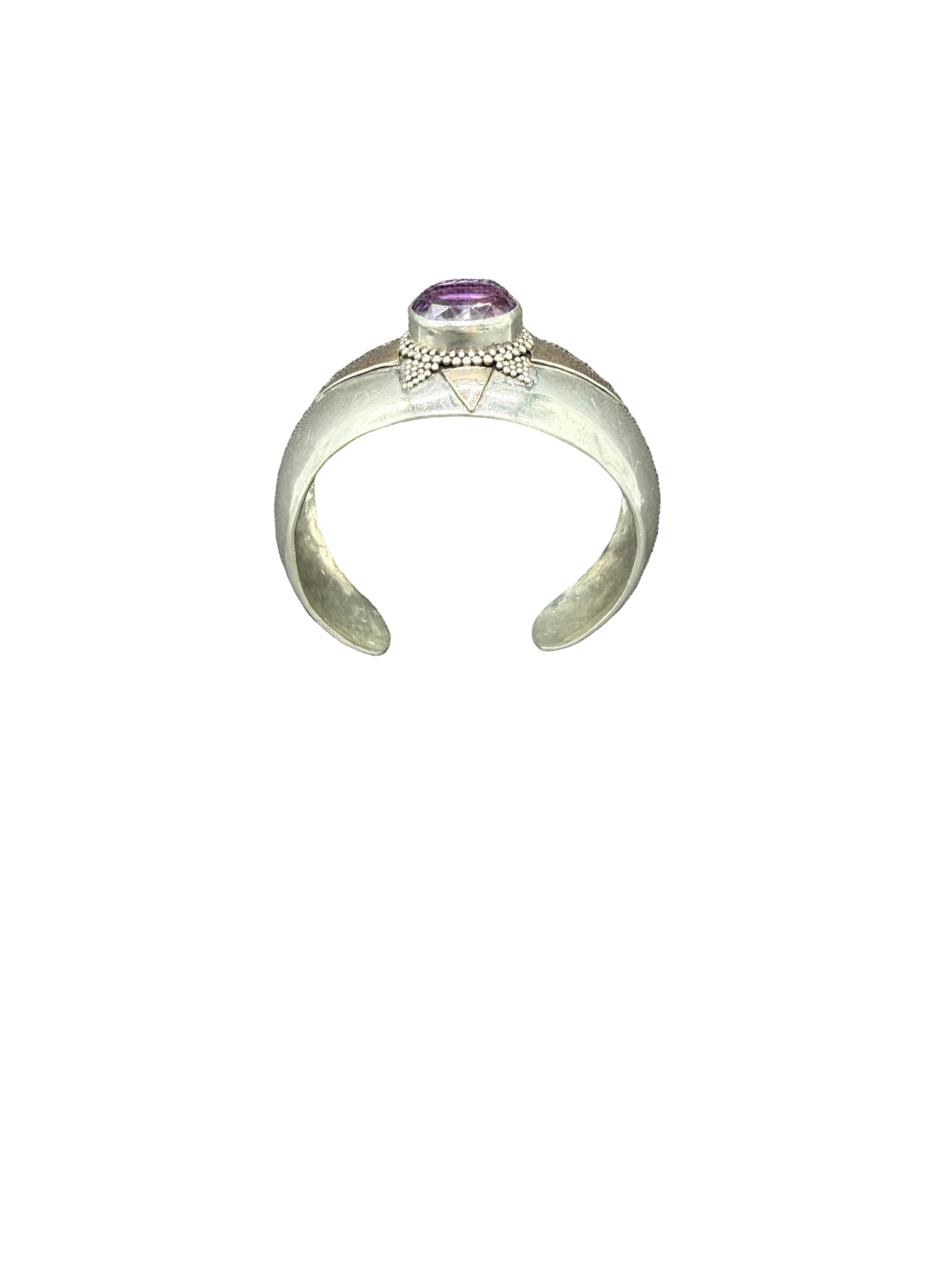 1980s Navajo Sterling Silver & Brass Cuff Bracelet with Faceted Amethyst